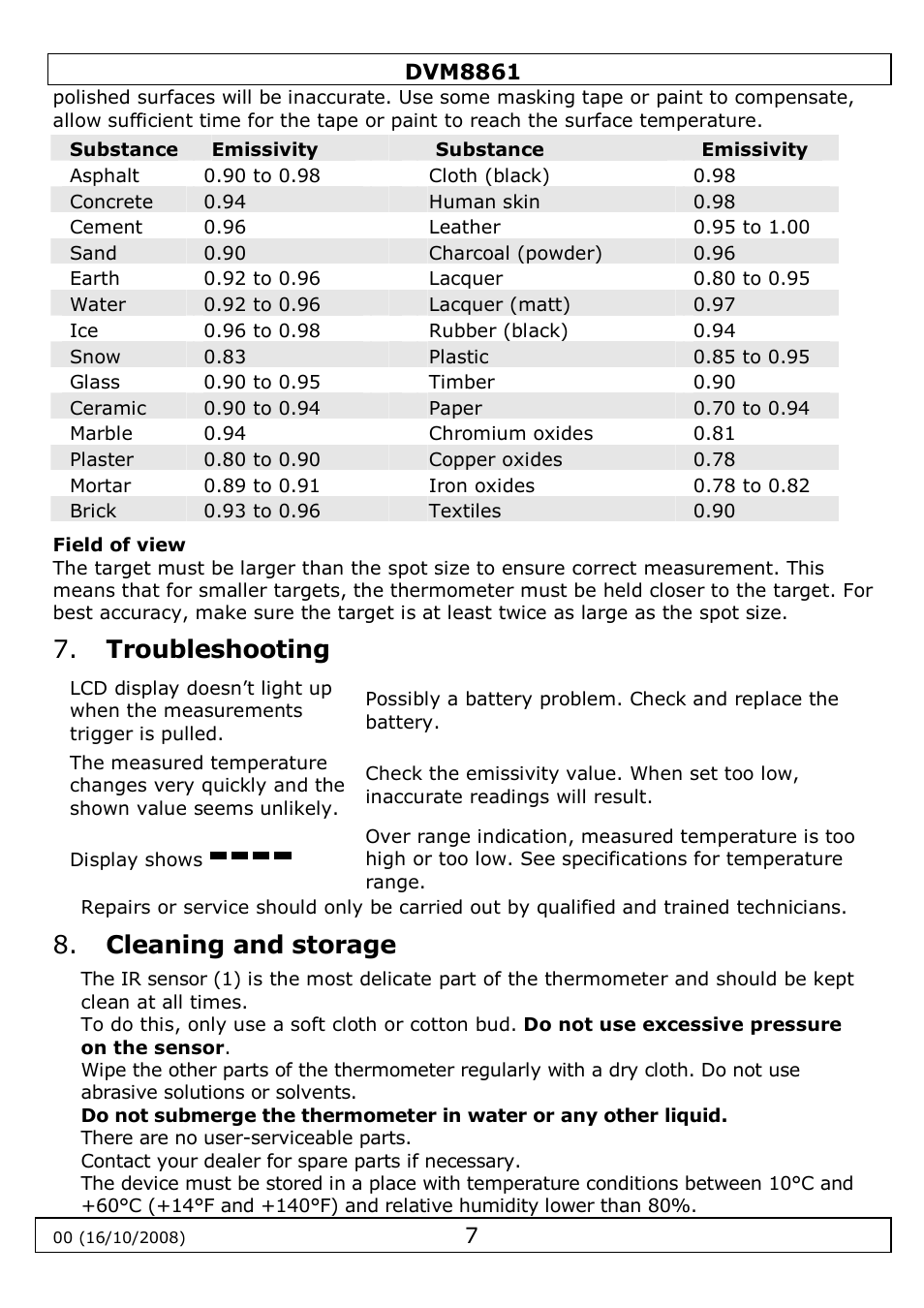 Troubleshooting, Cleaning and storage | Velleman DVM8861 User Manual | Page 7 / 32