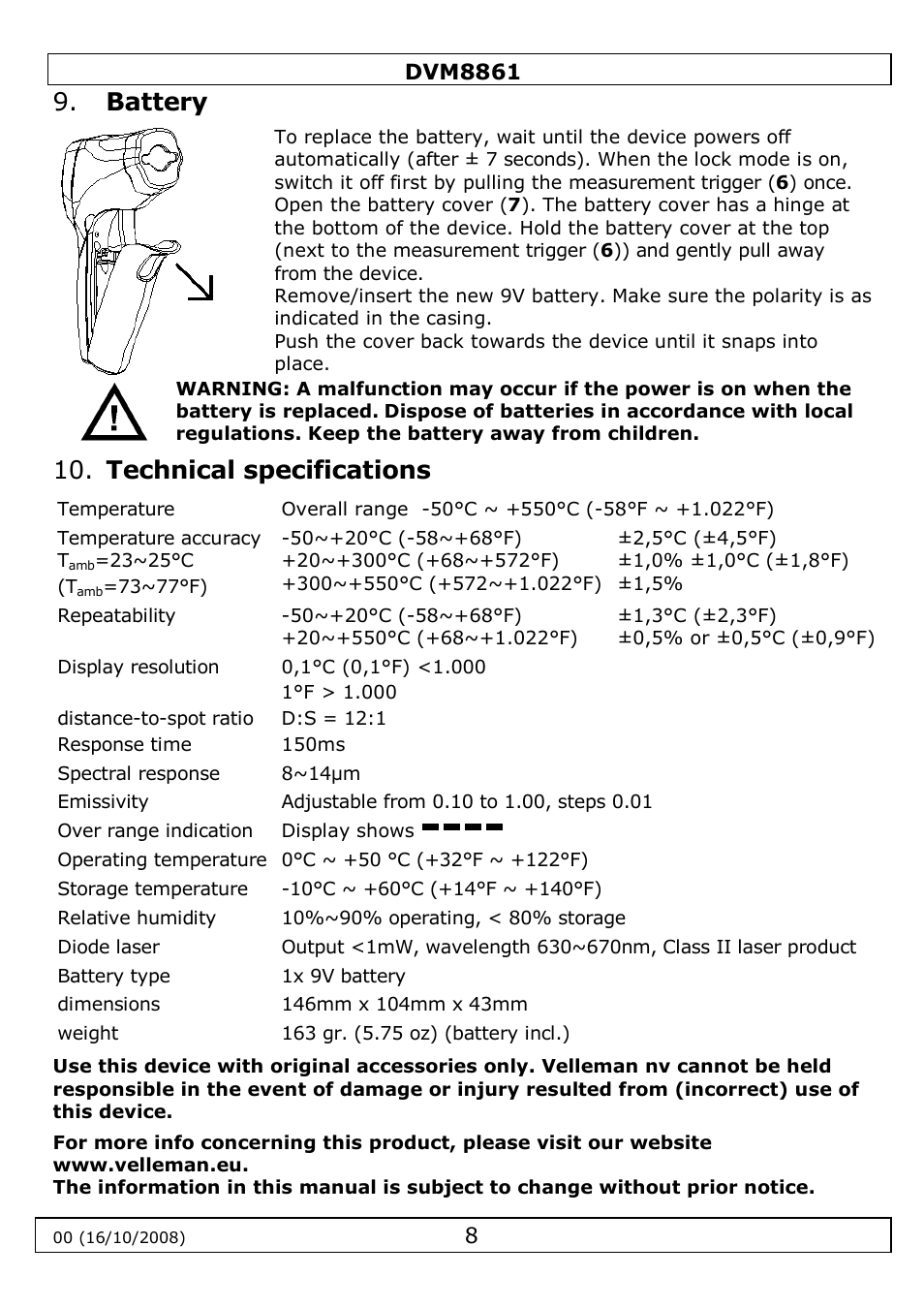 Battery, Technical specifications | Velleman DVM8861 User Manual | Page 8 / 32