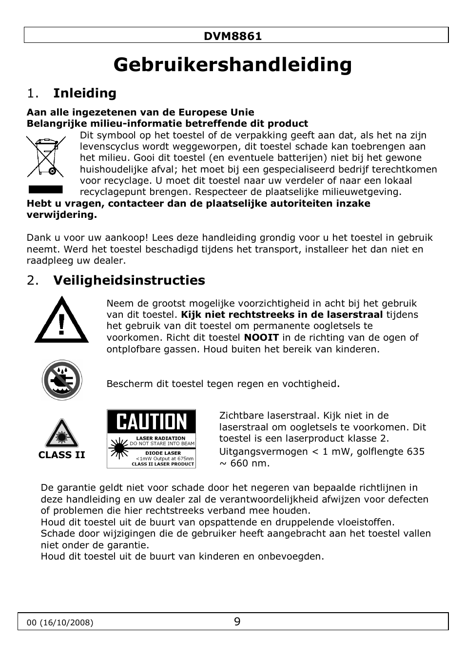 Gebruikershandleiding, Inleiding, Veiligheidsinstructies | Velleman DVM8861 User Manual | Page 9 / 32