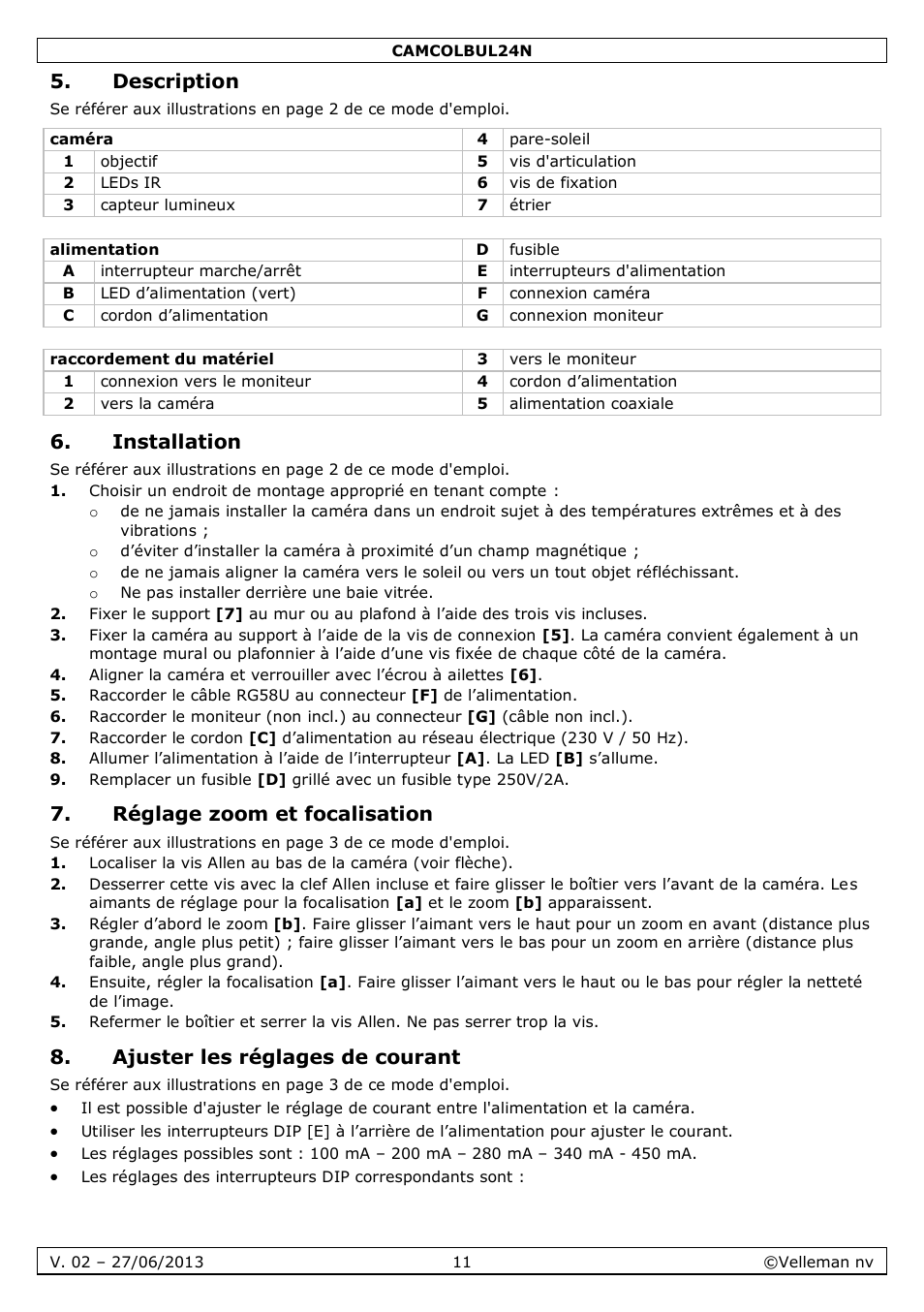 Description, Installation, Réglage zoom et focalisation | Ajuster les réglages de courant | Velleman CAMCOLBUL24N User Manual | Page 11 / 20