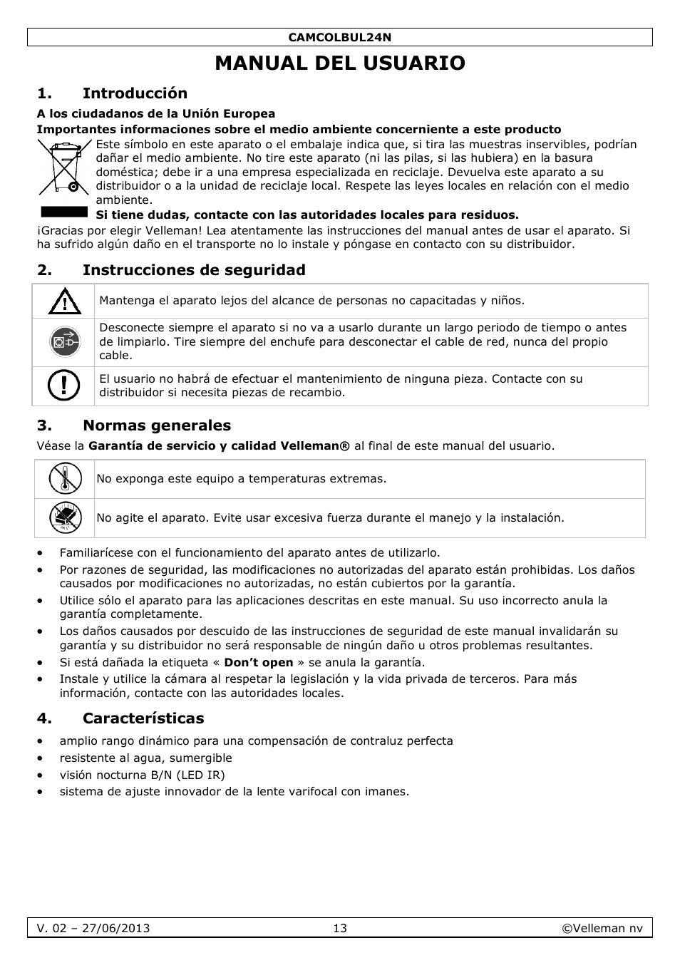 Manual del usuario, Introducción, Instrucciones de seguridad | Normas generales, Características | Velleman CAMCOLBUL24N User Manual | Page 13 / 20