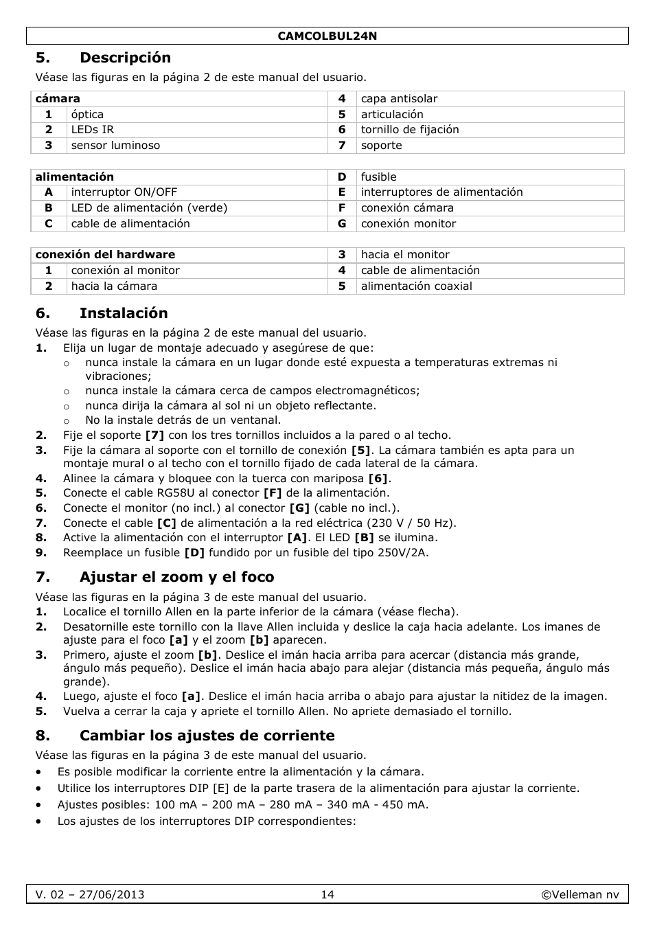 Descripción, Instalación, Ajustar el zoom y el foco | Cambiar los ajustes de corriente | Velleman CAMCOLBUL24N User Manual | Page 14 / 20