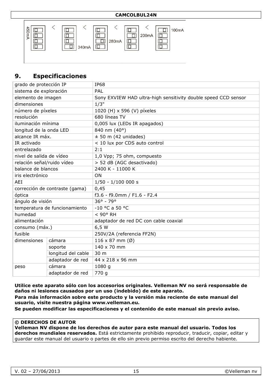Especificaciones | Velleman CAMCOLBUL24N User Manual | Page 15 / 20