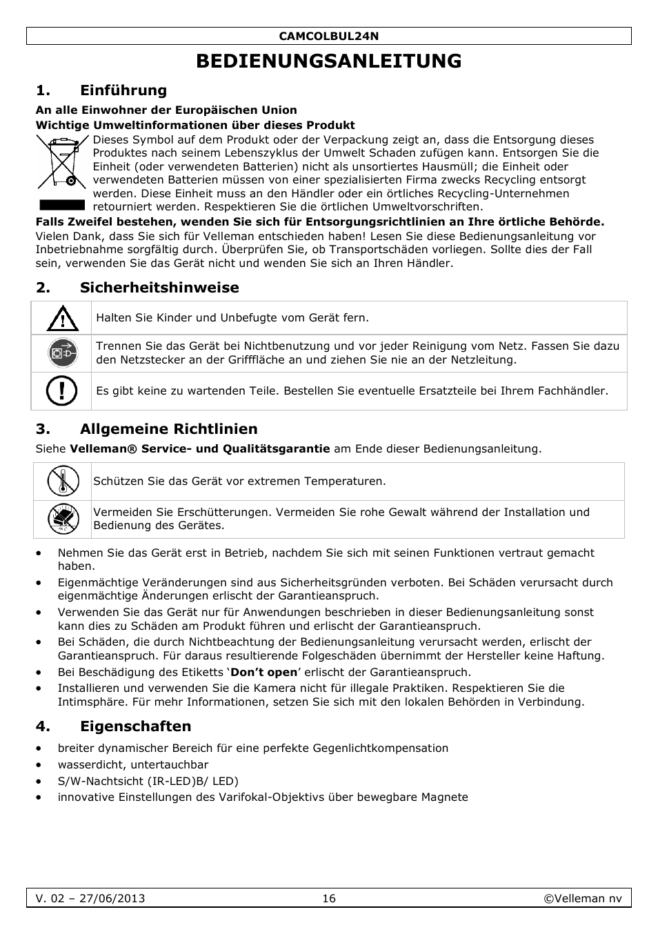 Bedienungsanleitung, Einführung, Sicherheitshinweise | Allgemeine richtlinien, Eigenschaften | Velleman CAMCOLBUL24N User Manual | Page 16 / 20