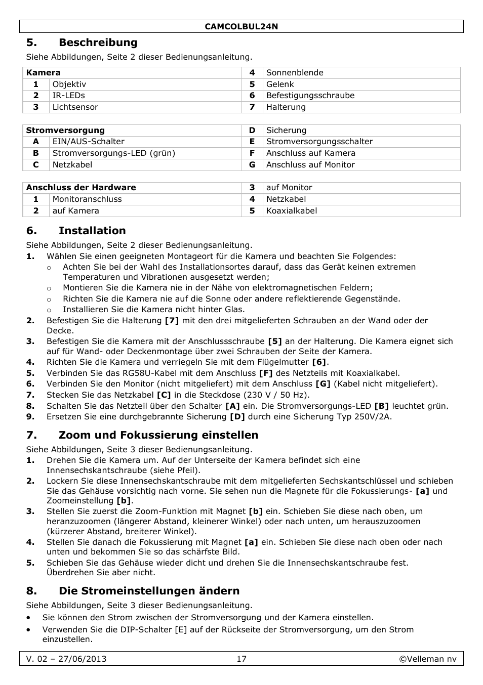 Beschreibung, Installation, Zoom und fokussierung einstellen | Die stromeinstellungen ändern | Velleman CAMCOLBUL24N User Manual | Page 17 / 20
