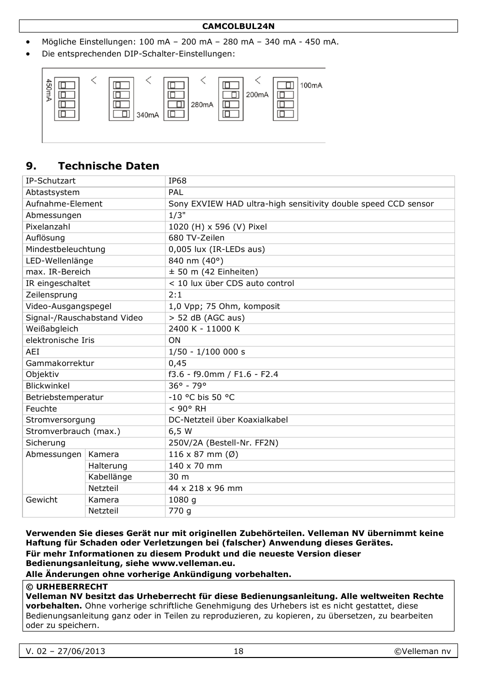 Technische daten | Velleman CAMCOLBUL24N User Manual | Page 18 / 20