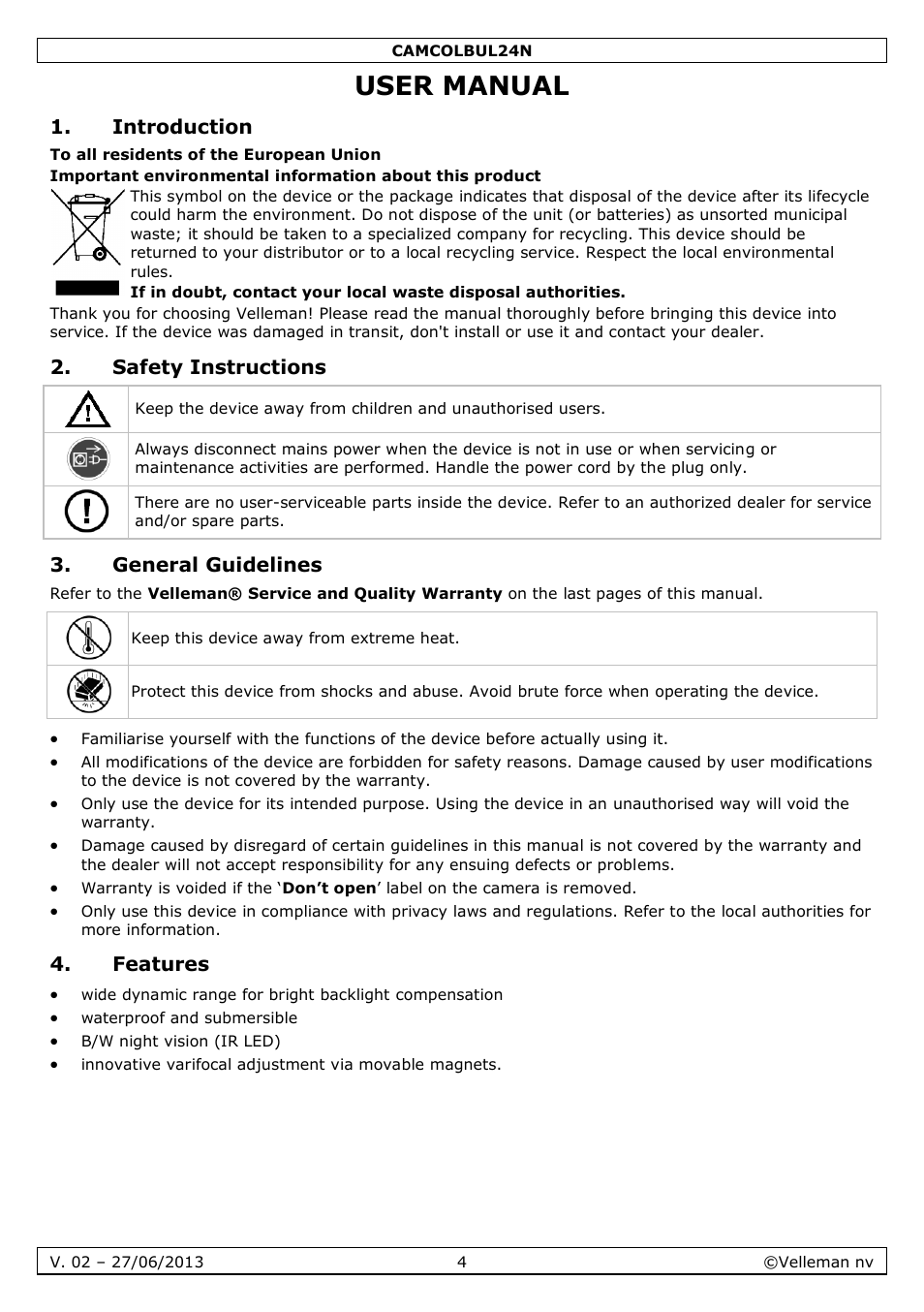 User manual, Introduction, Safety instructions | General guidelines, Features | Velleman CAMCOLBUL24N User Manual | Page 4 / 20