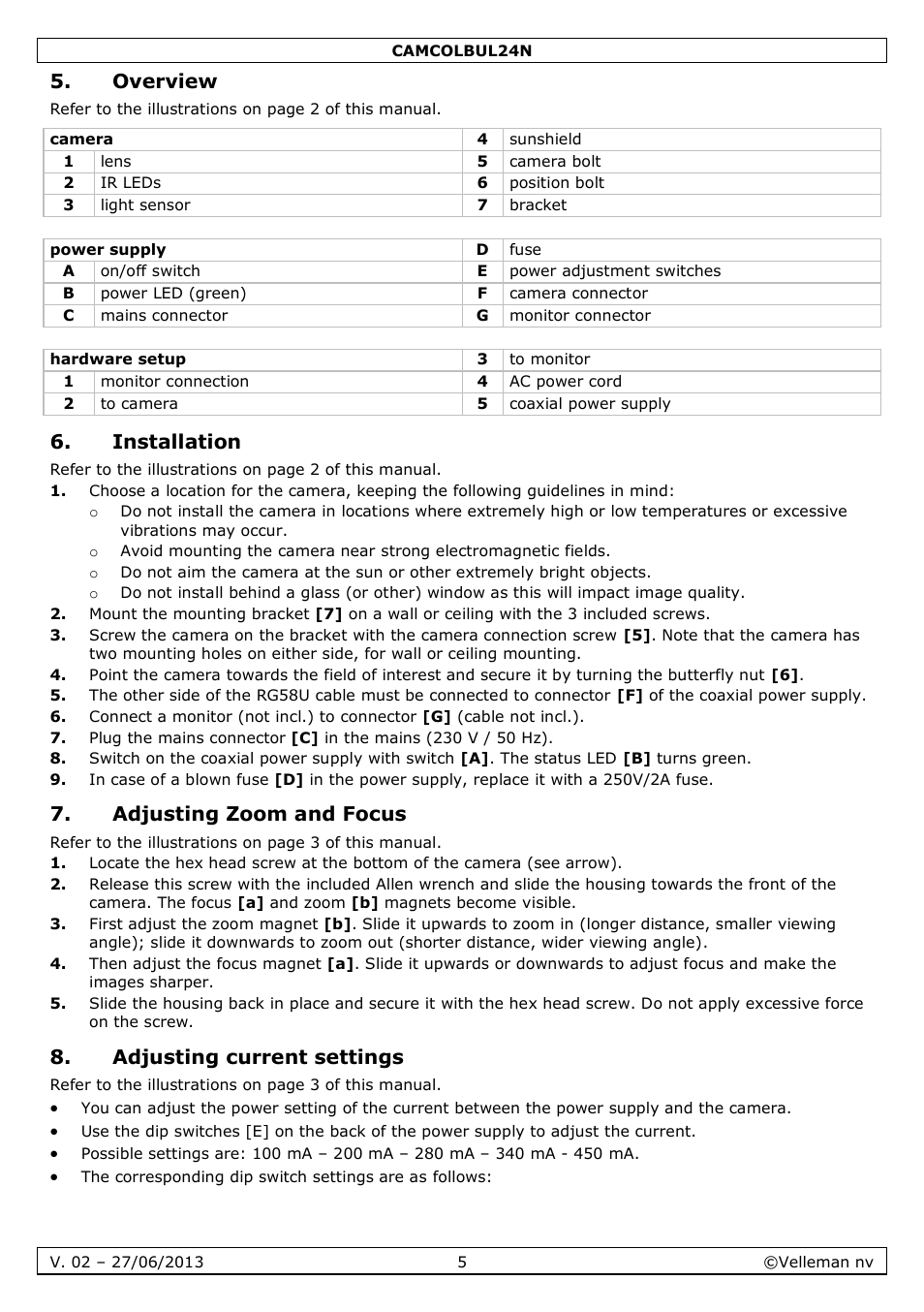 Overview, Installation, Adjusting zoom and focus | Adjusting current settings | Velleman CAMCOLBUL24N User Manual | Page 5 / 20