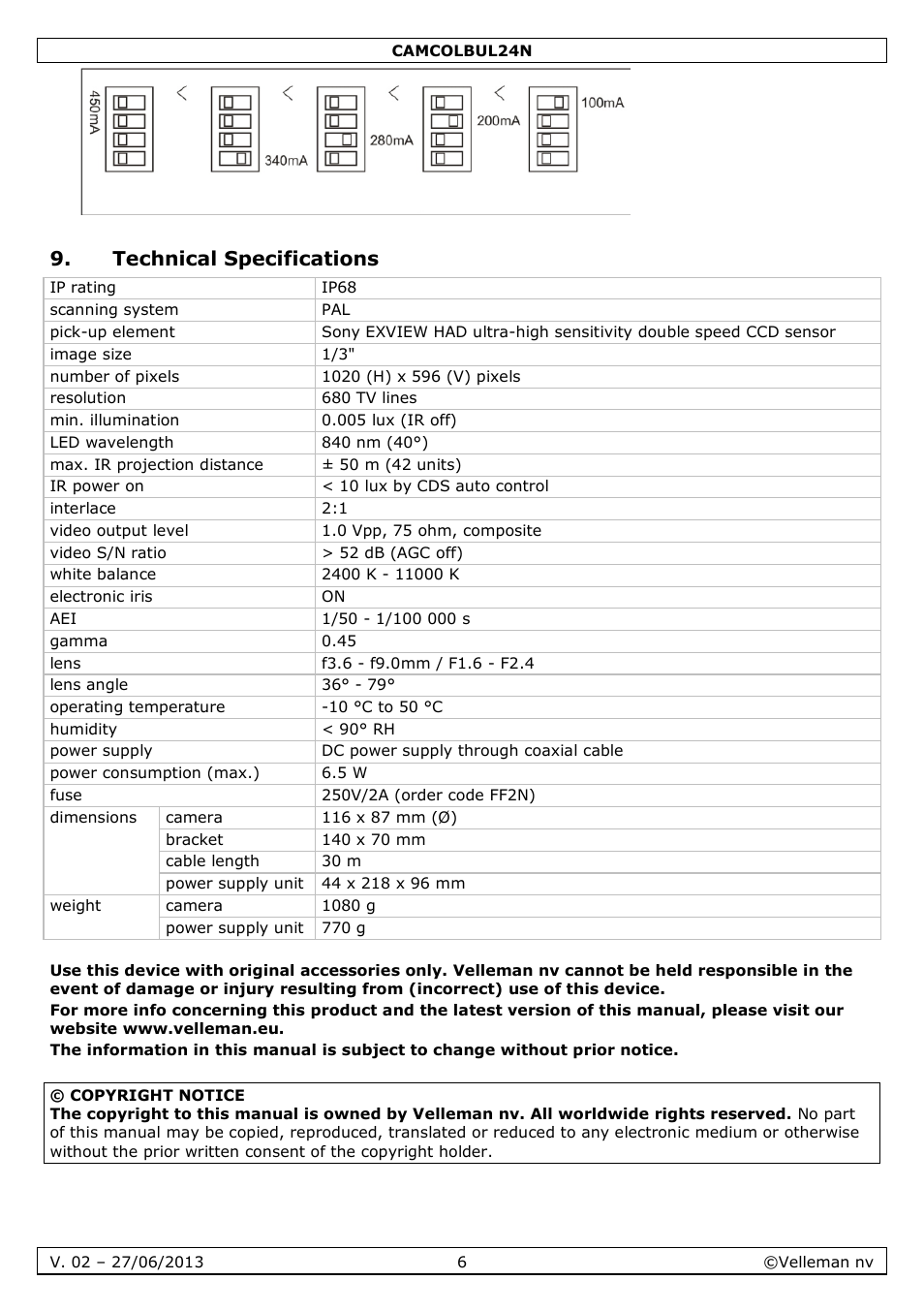 Technical specifications | Velleman CAMCOLBUL24N User Manual | Page 6 / 20