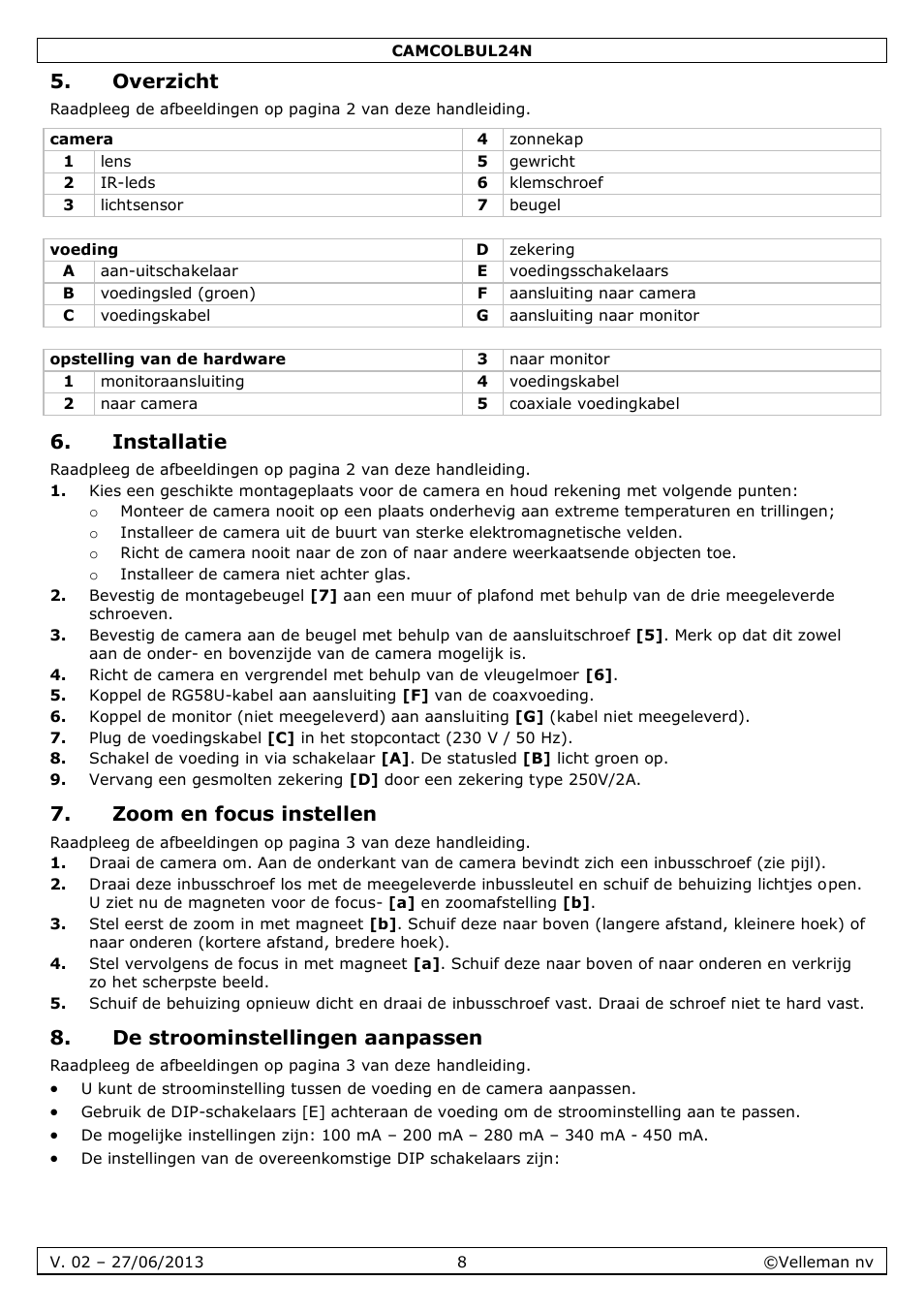 Overzicht, Installatie, Zoom en focus instellen | De stroominstellingen aanpassen | Velleman CAMCOLBUL24N User Manual | Page 8 / 20