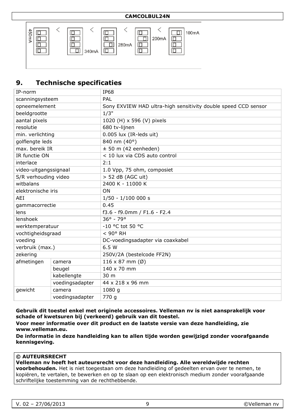 Technische specificaties | Velleman CAMCOLBUL24N User Manual | Page 9 / 20