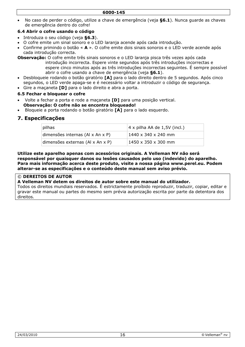 Especificações | Velleman 6000-145 User Manual | Page 16 / 19