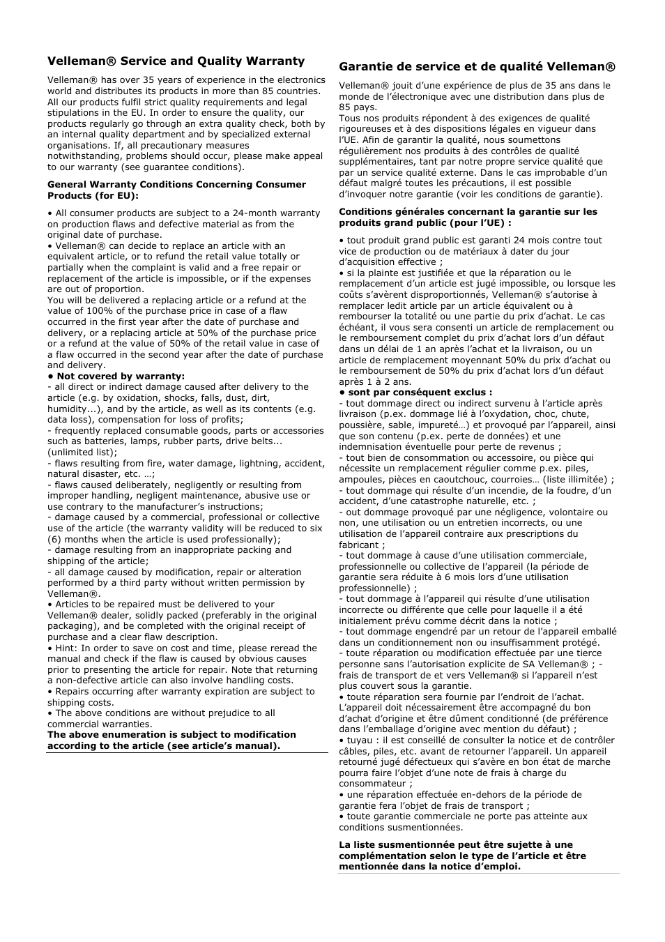 Velleman® service and quality warranty, Garantie de service et de qualité velleman | Velleman 6000-145 User Manual | Page 17 / 19