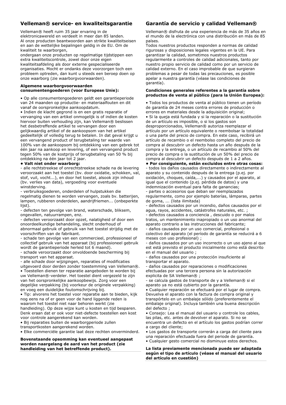 Velleman® service- en kwaliteitsgarantie, Garantía de servicio y calidad velleman | Velleman 6000-145 User Manual | Page 18 / 19