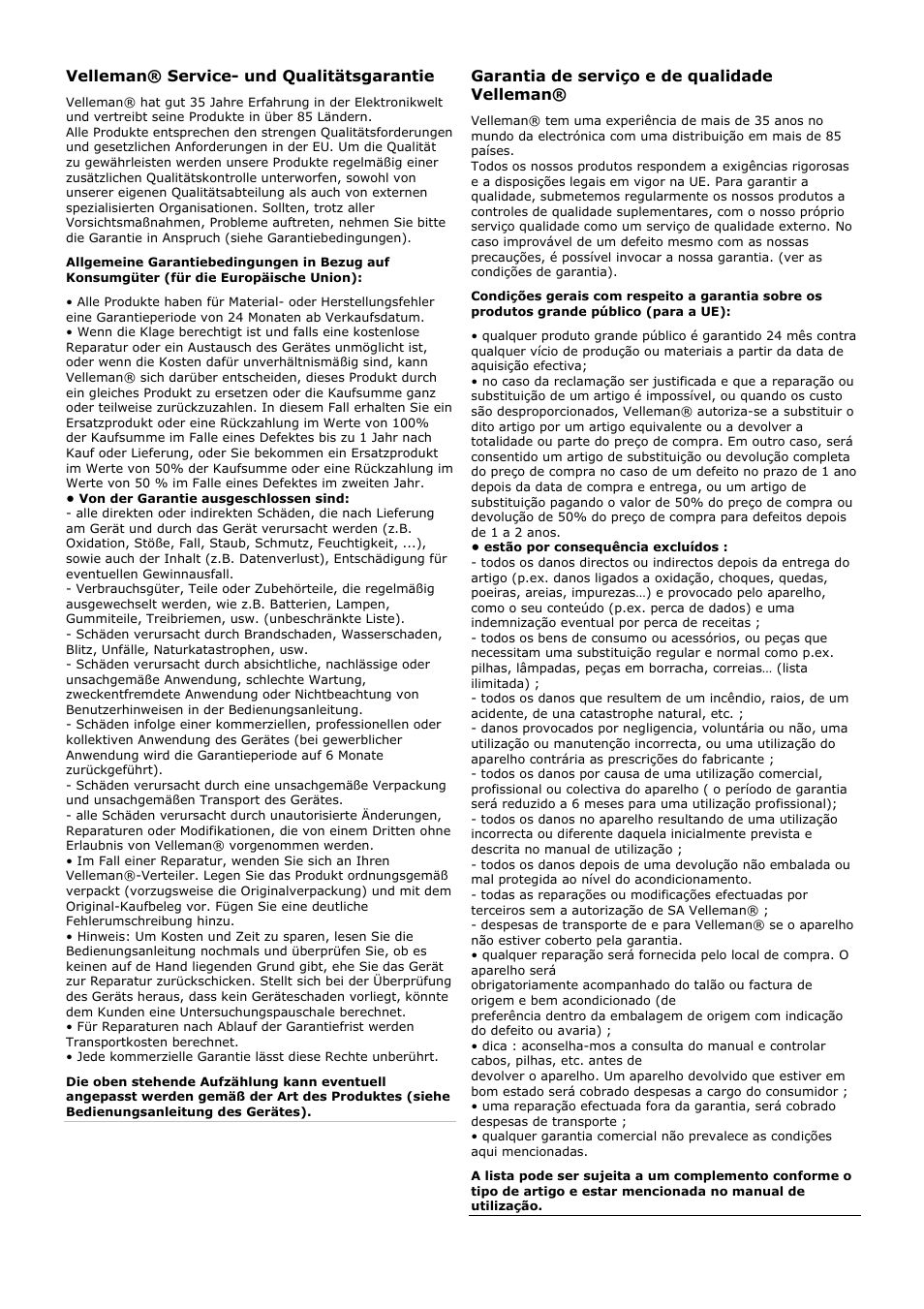 Velleman® service- und qualitätsgarantie, Garantia de serviço e de qualidade velleman | Velleman 6000-145 User Manual | Page 19 / 19