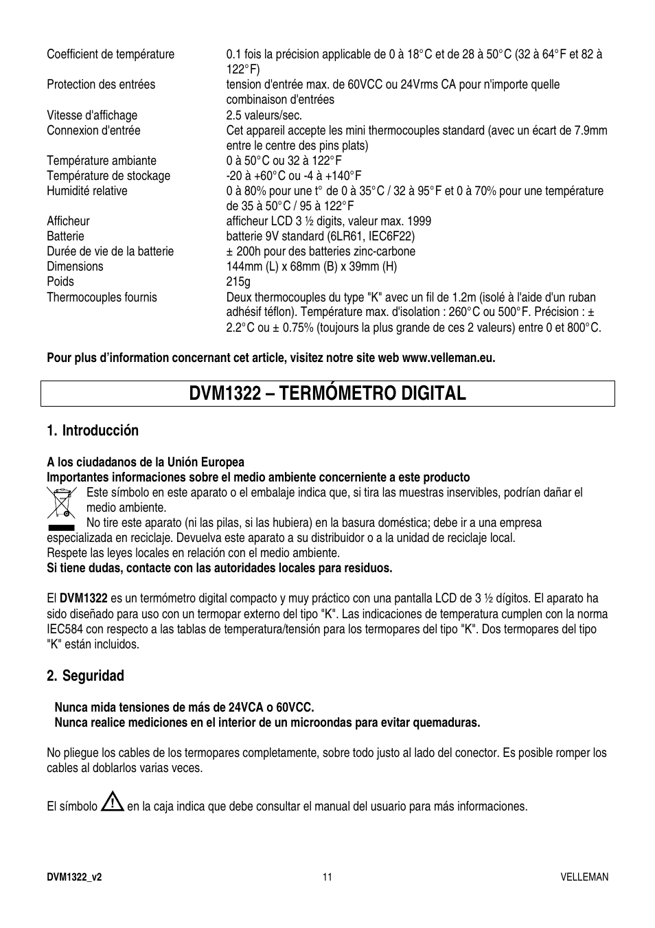 Dvm1322 – termómetro digital | Velleman DVM1322 User Manual | Page 11 / 19