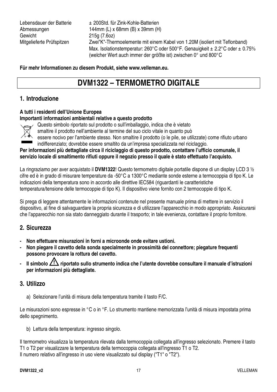 Dvm1322 – termometro digitale | Velleman DVM1322 User Manual | Page 17 / 19