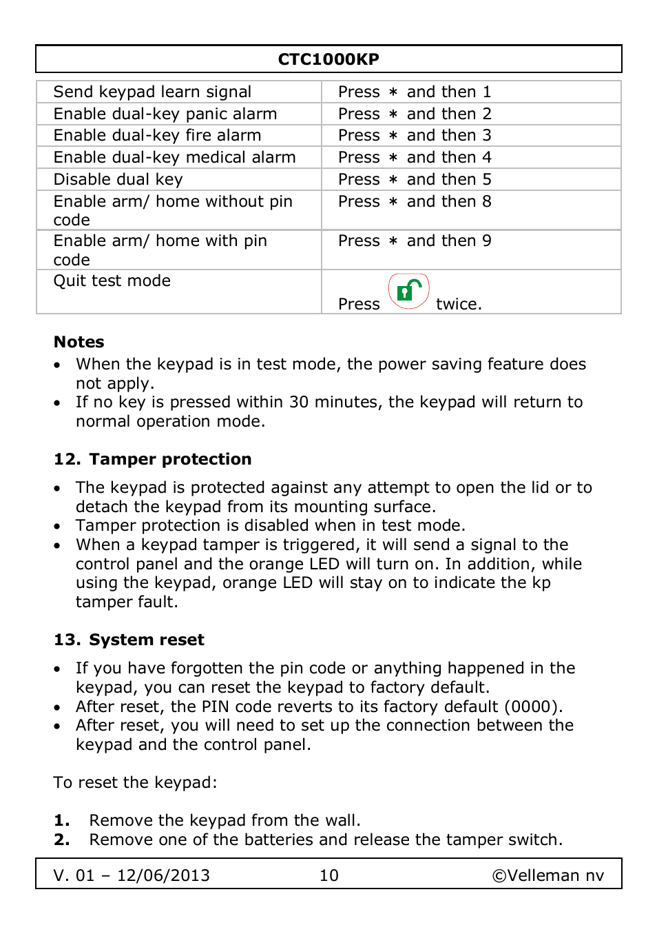 Notes, Tamper protection, System reset | Velleman CTC1000KP User Manual | Page 10 / 69