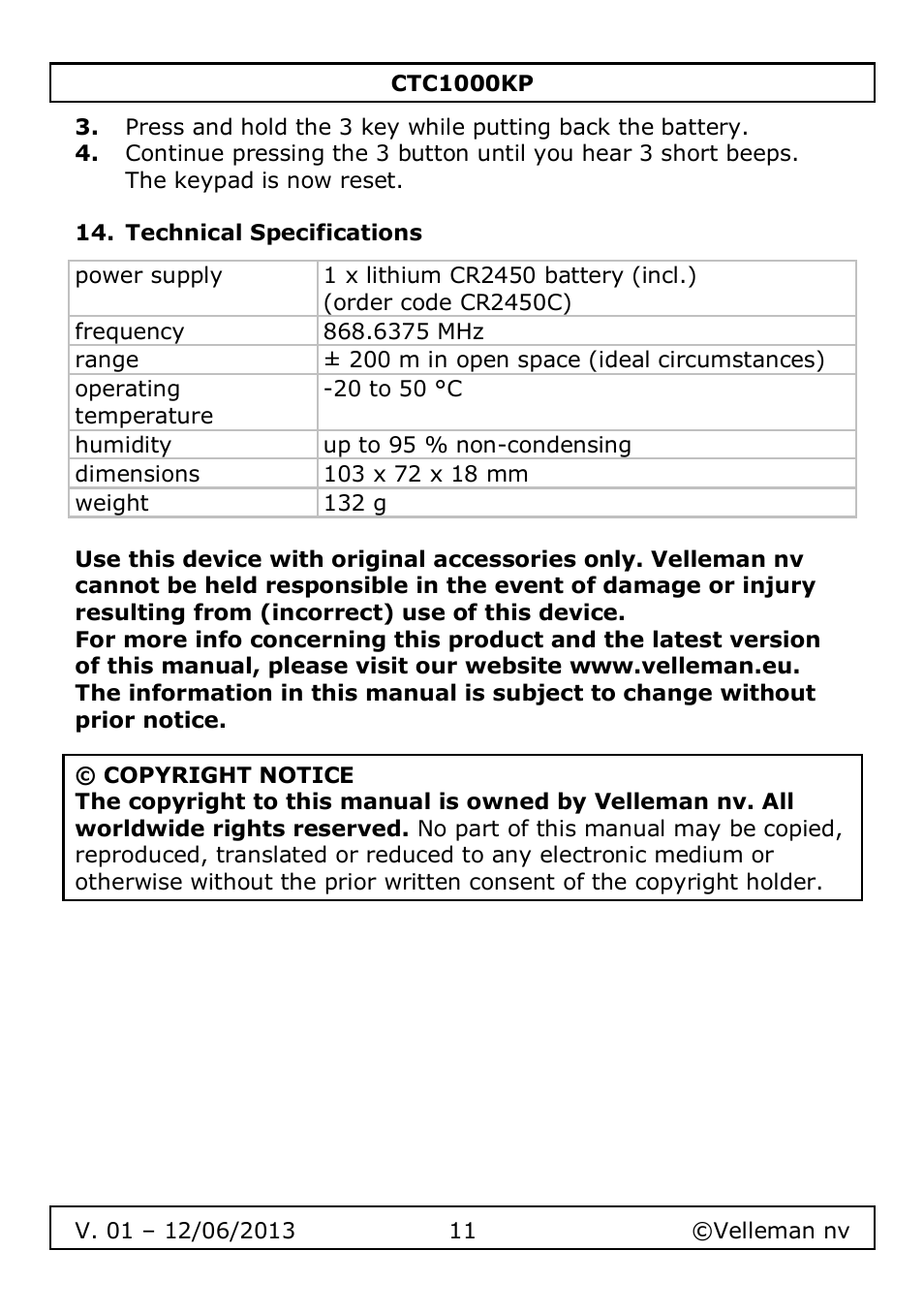 Technical specifications | Velleman CTC1000KP User Manual | Page 11 / 69