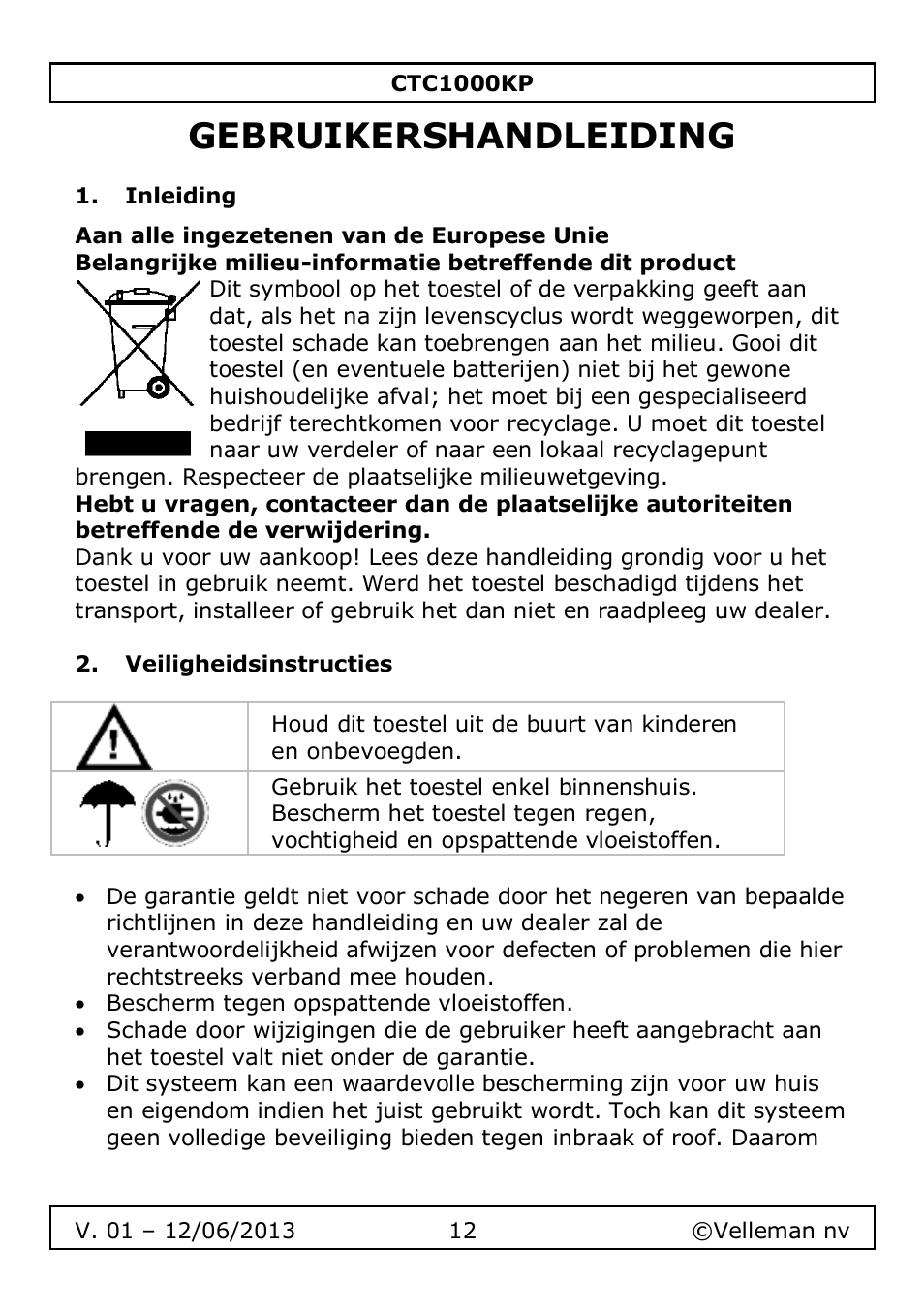 Gebruikershandleiding, Inleiding, Veiligheidsinstructies | Velleman CTC1000KP User Manual | Page 12 / 69