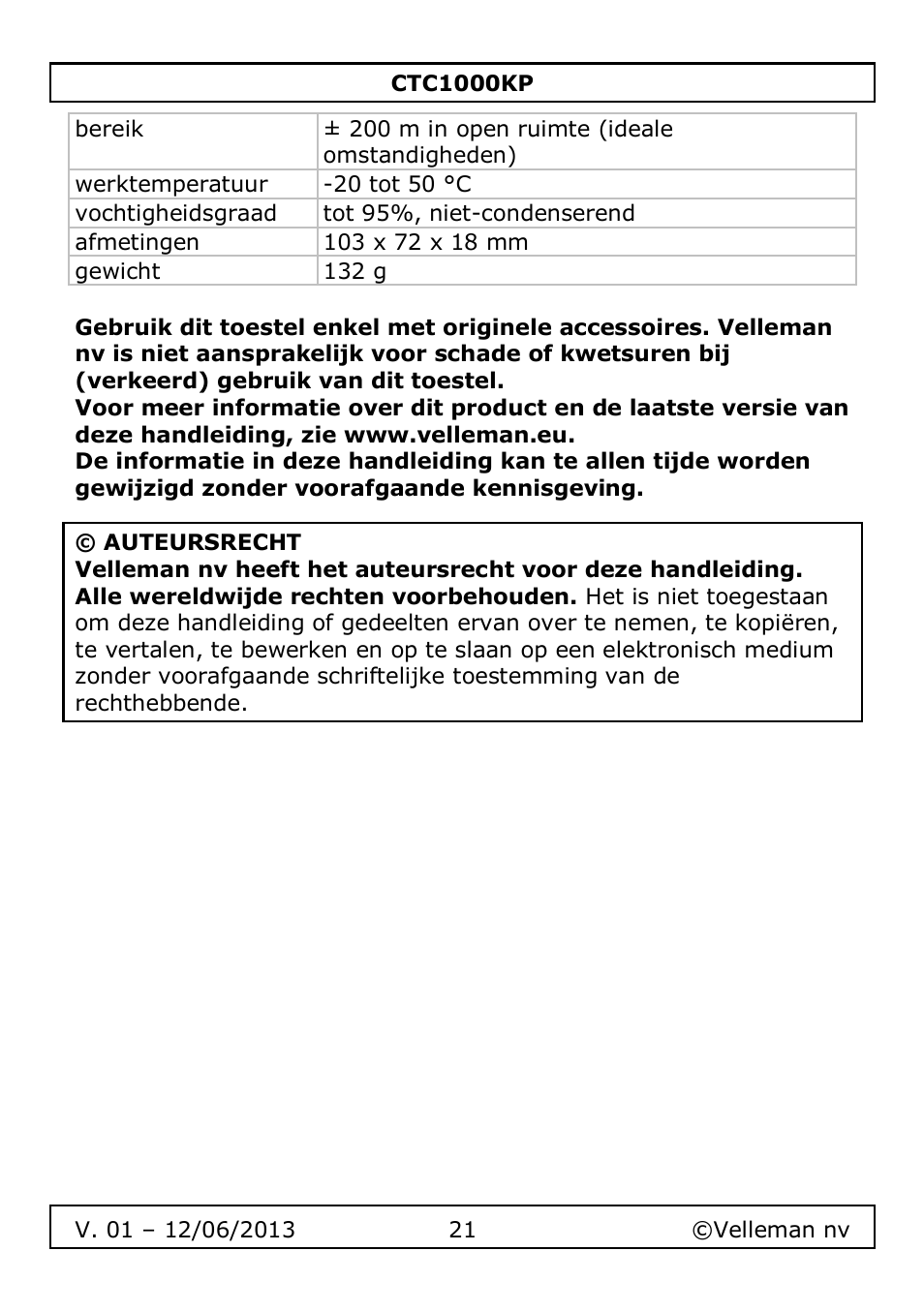 Velleman CTC1000KP User Manual | Page 21 / 69