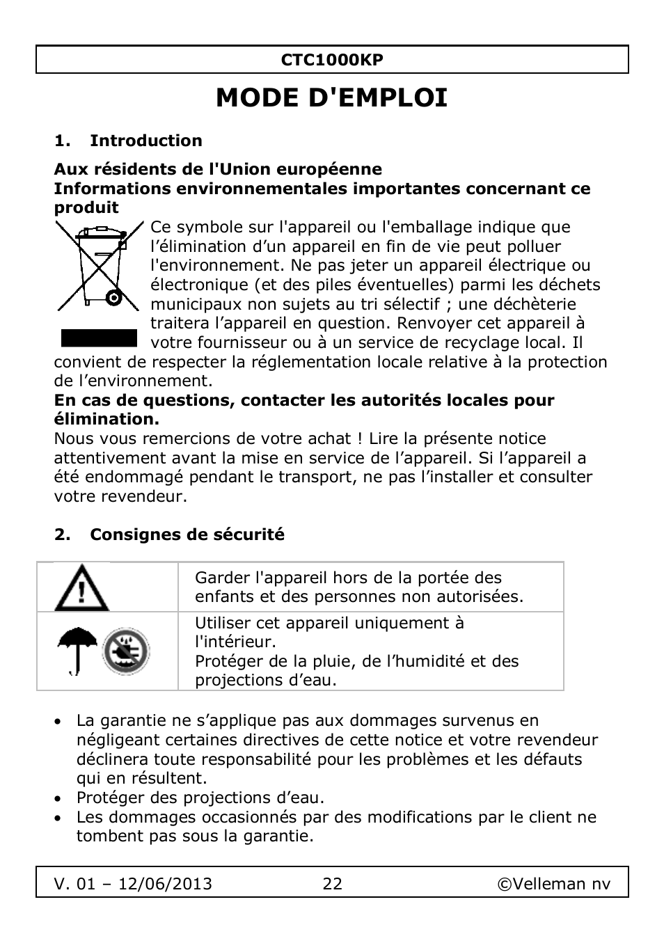 Mode d'emploi, Introduction, Consignes de sécurité | Velleman CTC1000KP User Manual | Page 22 / 69