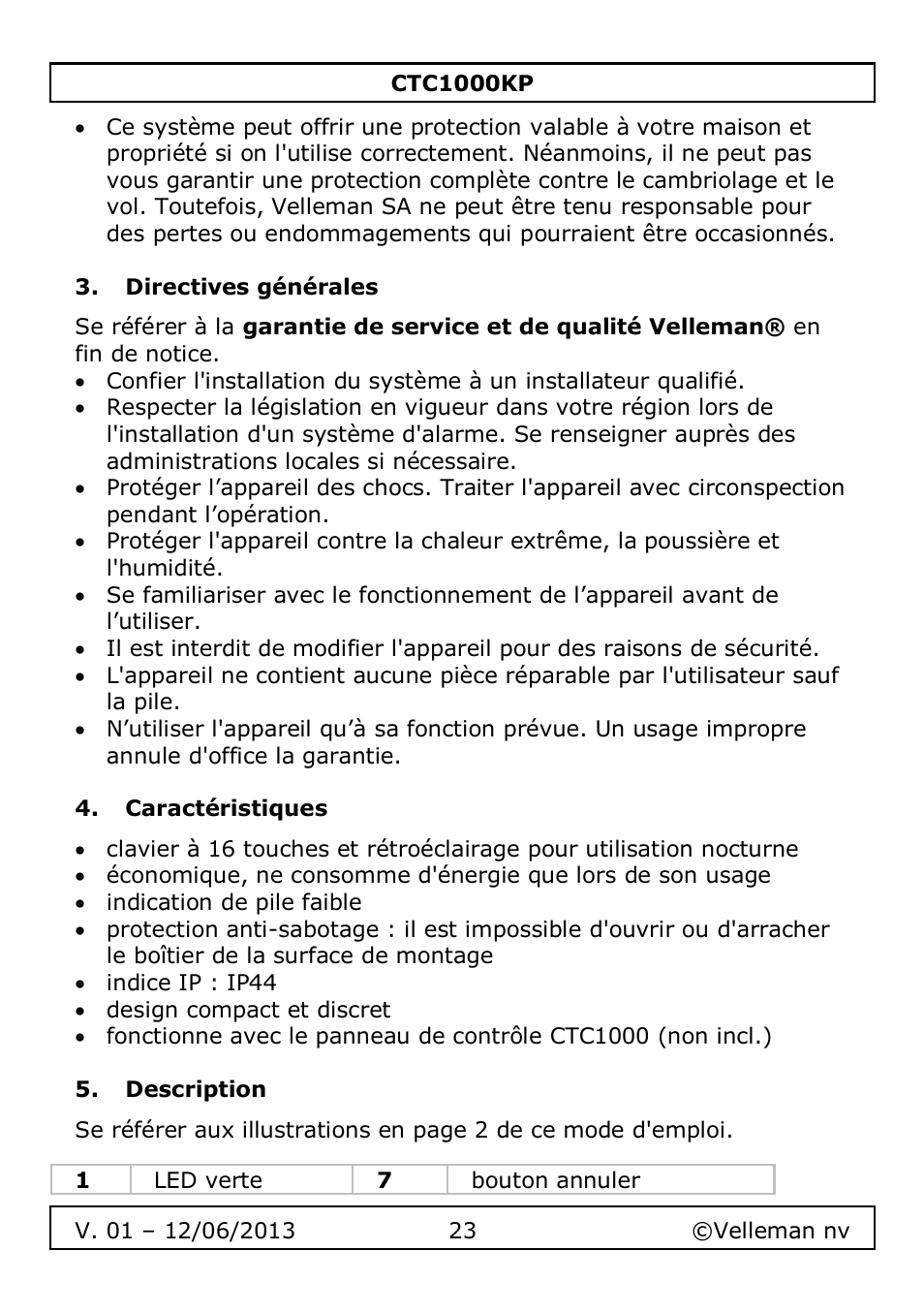 Directives générales, Caractéristiques, Description | Velleman CTC1000KP User Manual | Page 23 / 69