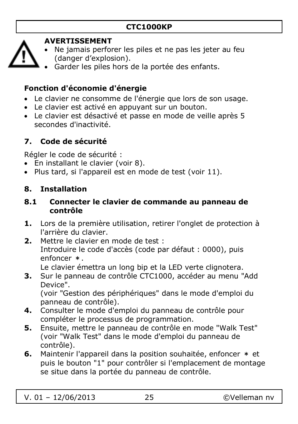 Fonction d'économie d'énergie, Code de sécurité, Installation | Velleman CTC1000KP User Manual | Page 25 / 69