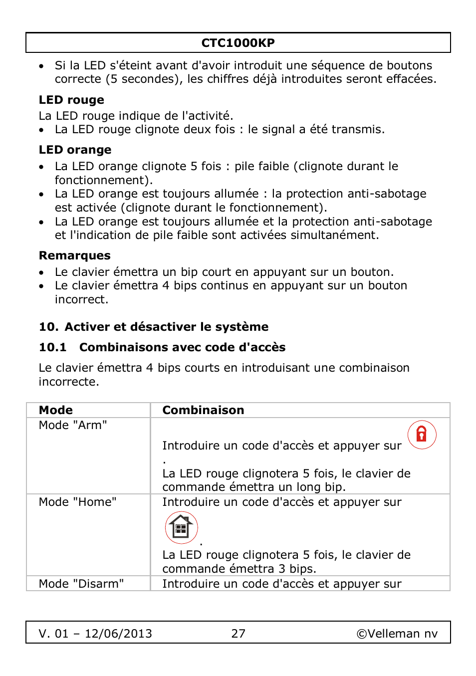 Led rouge, Led orange, Remarques | Activer et désactiver le système, 1 combinaisons avec code d'accès | Velleman CTC1000KP User Manual | Page 27 / 69