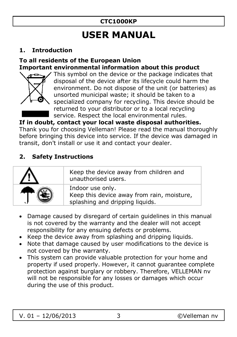 User manual, Introduction, Safety instructions | Velleman CTC1000KP User Manual | Page 3 / 69