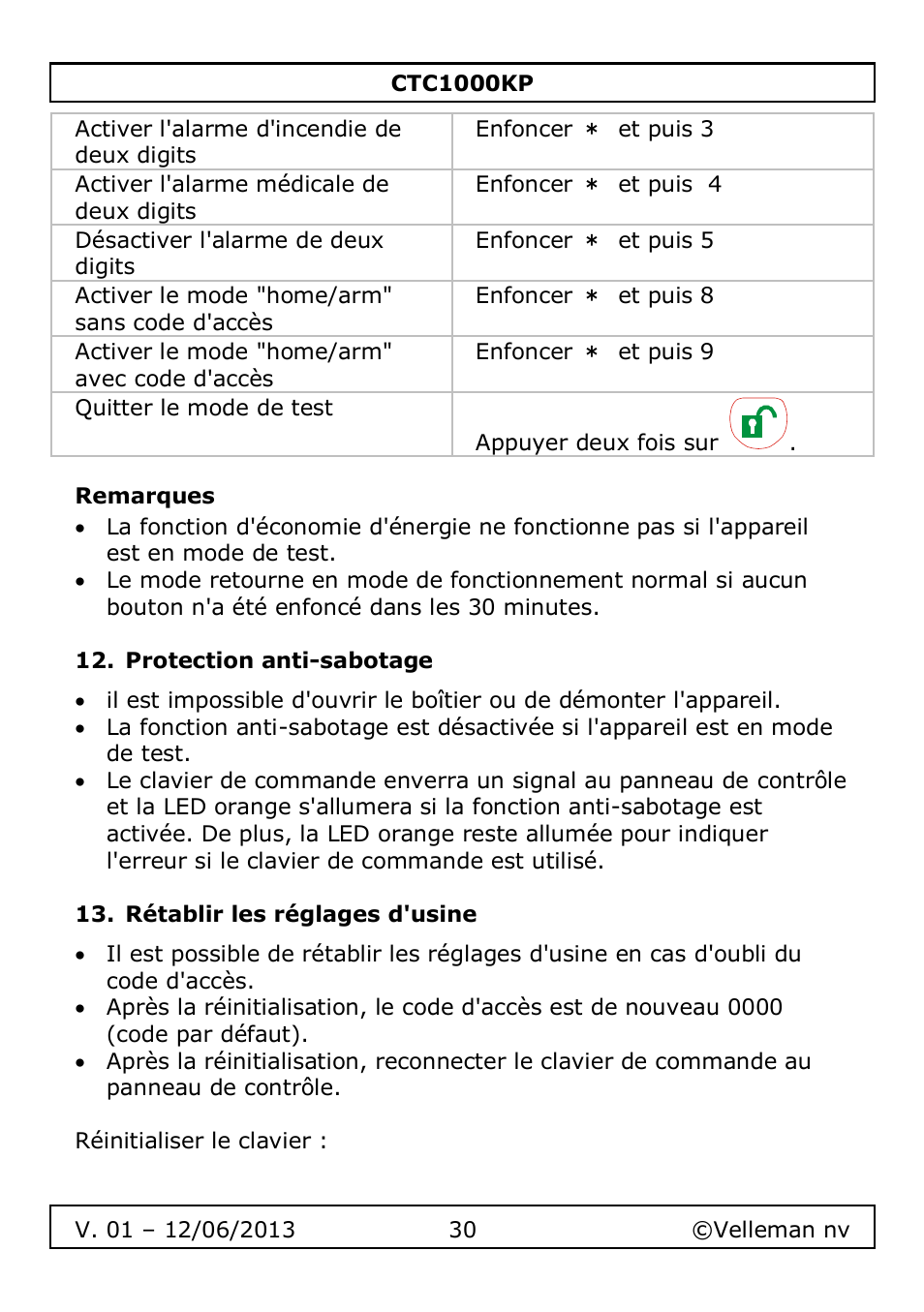 Remarques, Protection anti-sabotage, Rétablir les réglages d'usine | Velleman CTC1000KP User Manual | Page 30 / 69