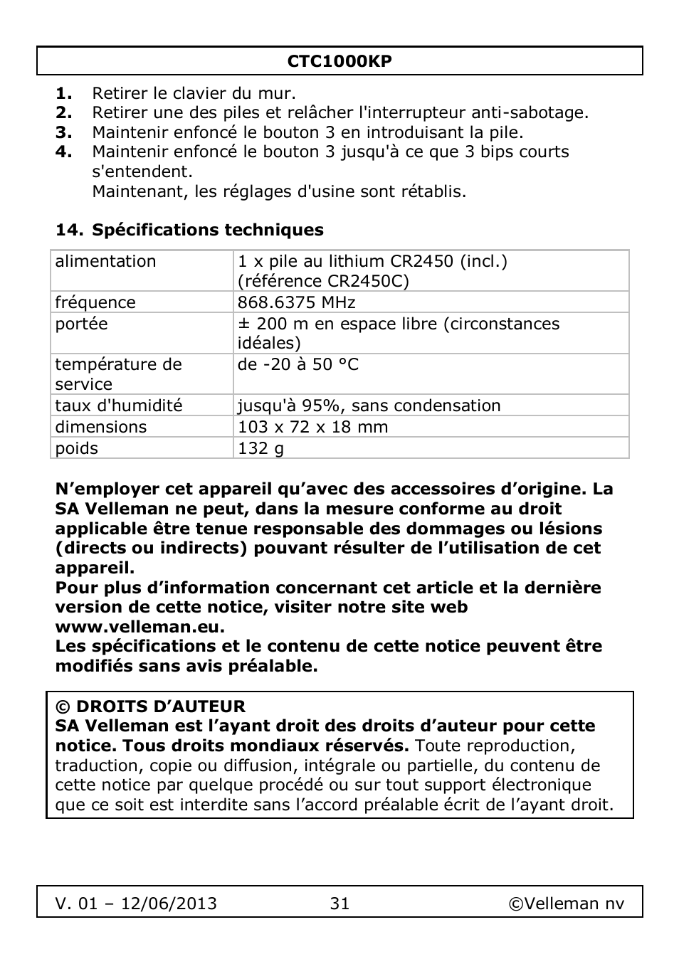 Spécifications techniques | Velleman CTC1000KP User Manual | Page 31 / 69