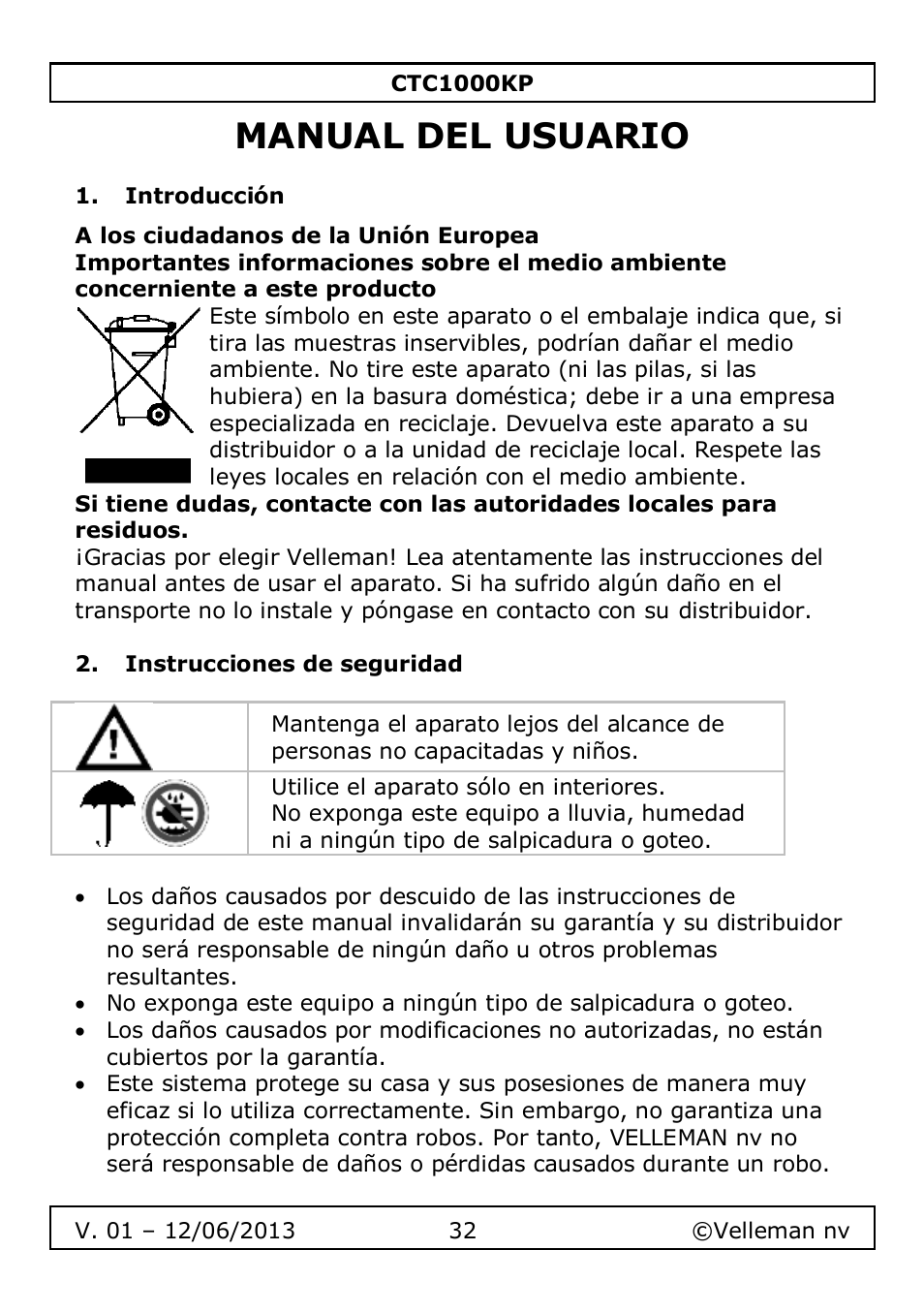 Manual del usuario, Introducción, Instrucciones de seguridad | Velleman CTC1000KP User Manual | Page 32 / 69
