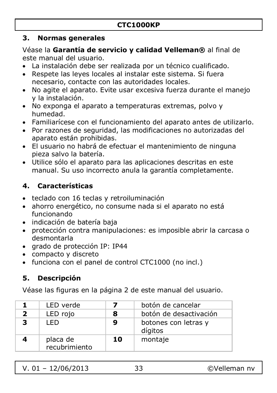 Normas generales, Características, Descripción | Velleman CTC1000KP User Manual | Page 33 / 69