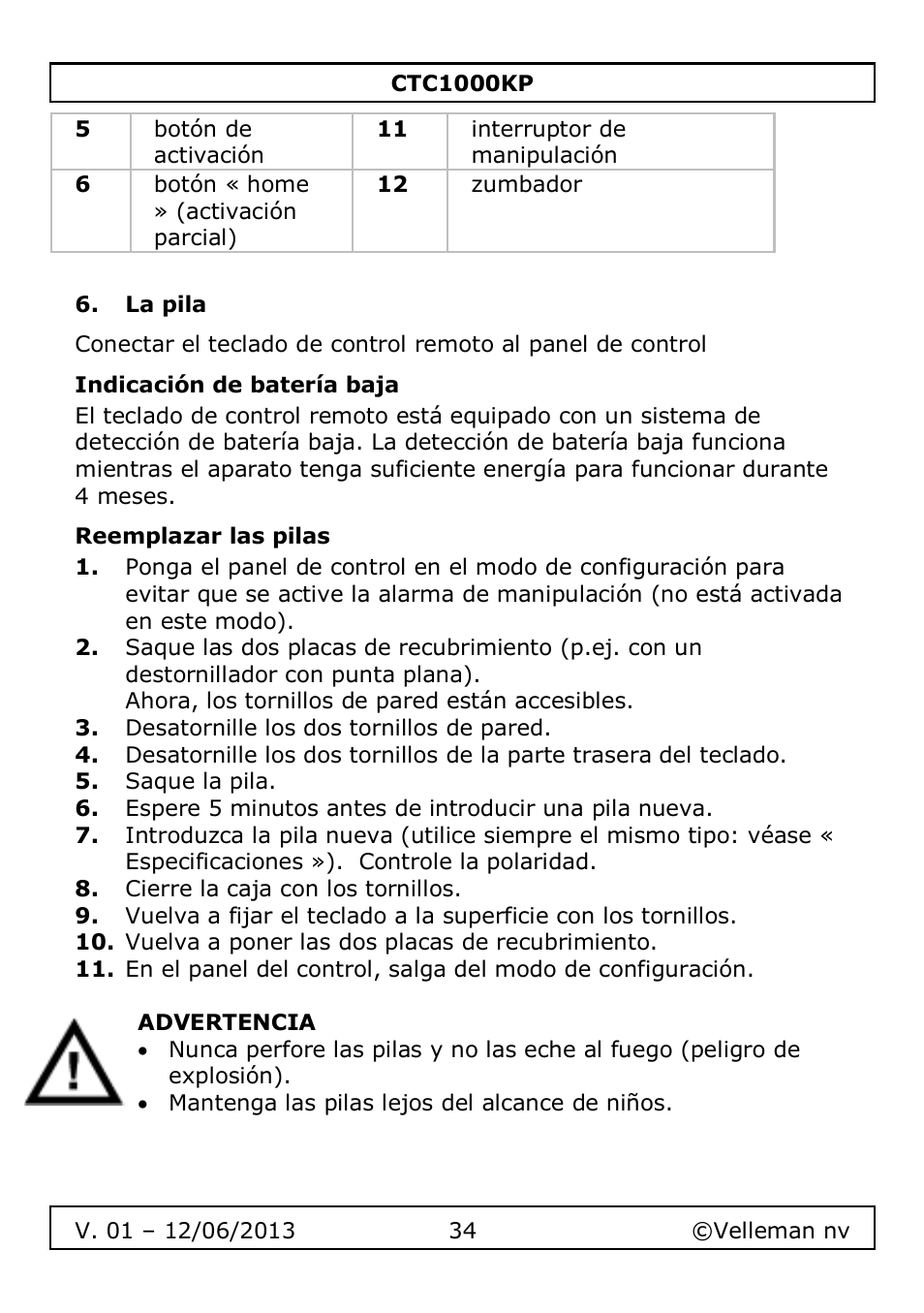 La pila, Indicación de batería baja, Reemplazar las pilas | Velleman CTC1000KP User Manual | Page 34 / 69