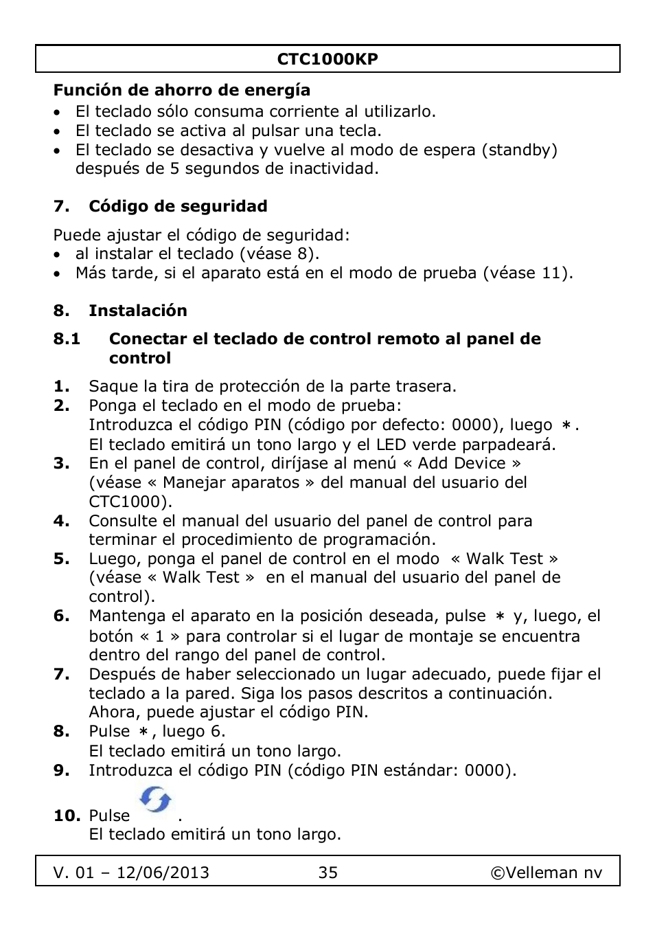 Función de ahorro de energía, Código de seguridad, Instalación | Velleman CTC1000KP User Manual | Page 35 / 69