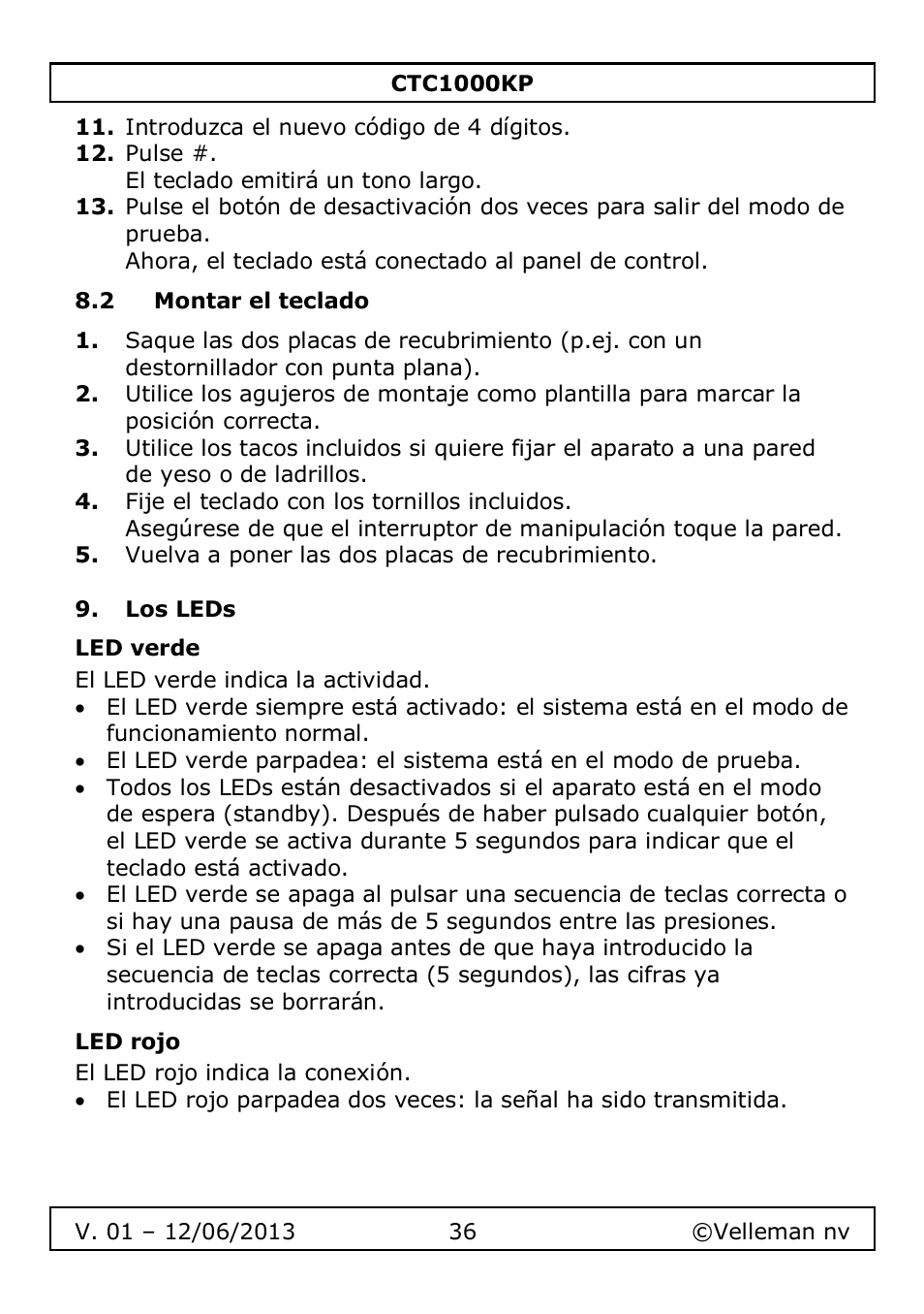 2 montar el teclado, Los leds, Led verde | Led rojo | Velleman CTC1000KP User Manual | Page 36 / 69