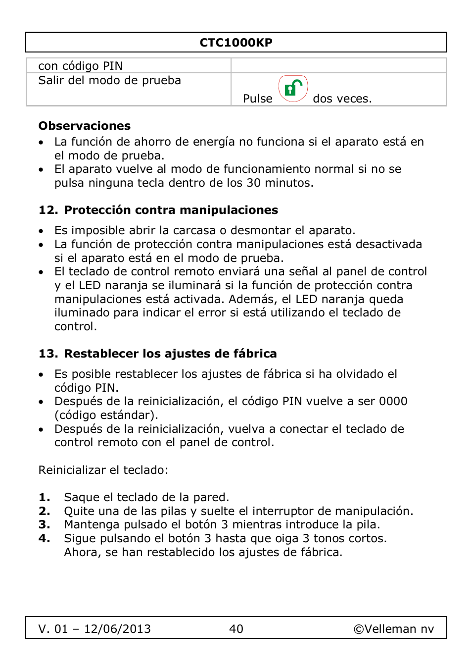 Observaciones, Protección contra manipulaciones, Restablecer los ajustes de fábrica | Velleman CTC1000KP User Manual | Page 40 / 69