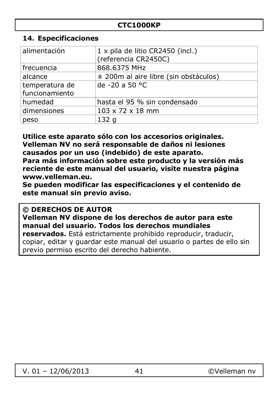 Especificaciones | Velleman CTC1000KP User Manual | Page 41 / 69