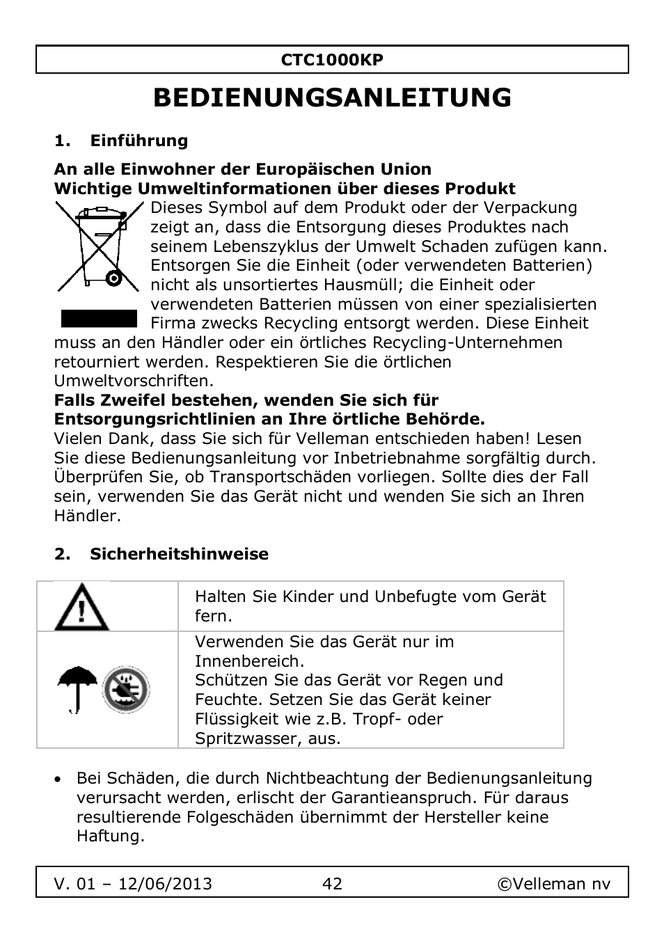 Bedienungsanleitung, Einführung, Sicherheitshinweise | Velleman CTC1000KP User Manual | Page 42 / 69