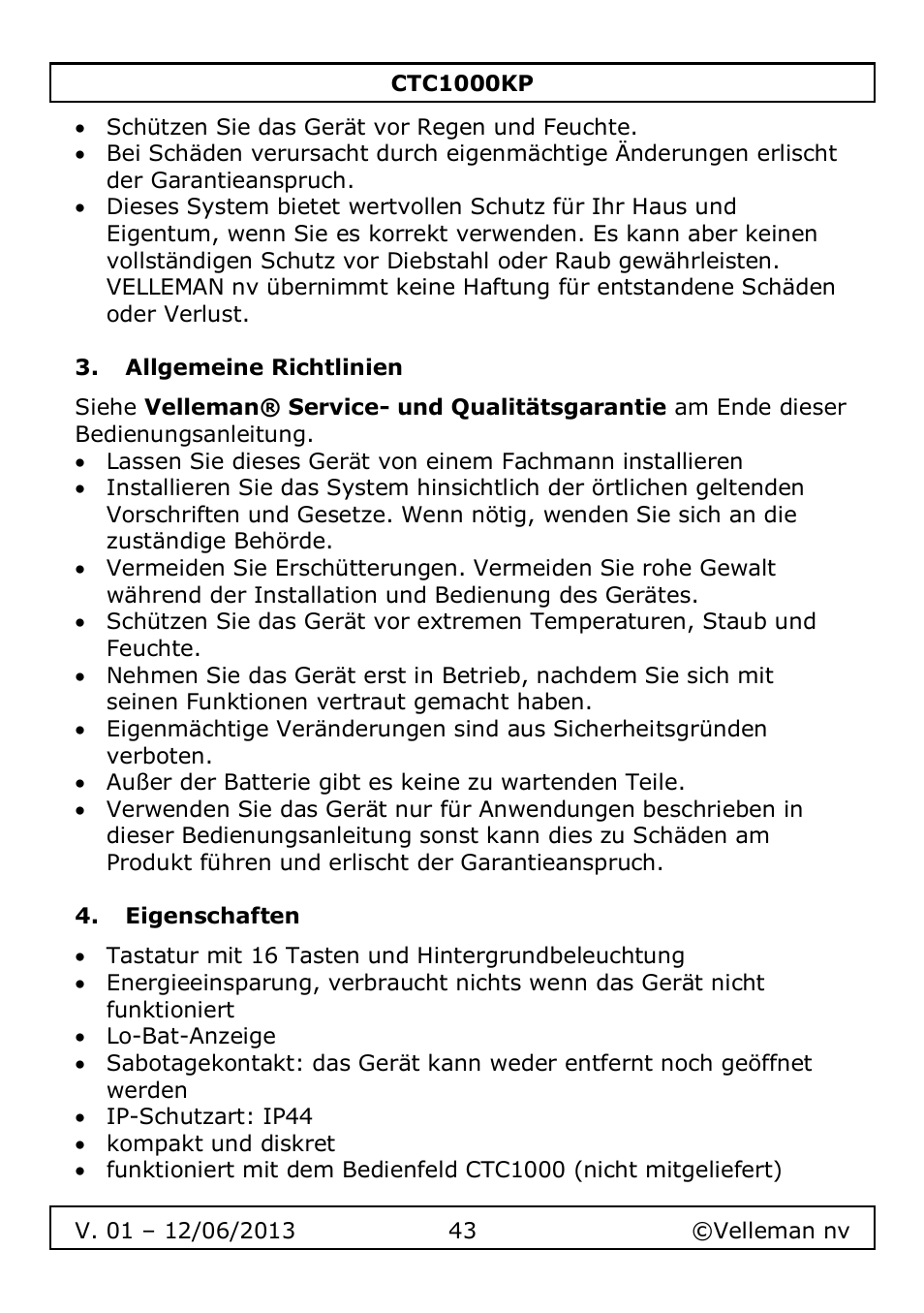 Allgemeine richtlinien, Eigenschaften | Velleman CTC1000KP User Manual | Page 43 / 69