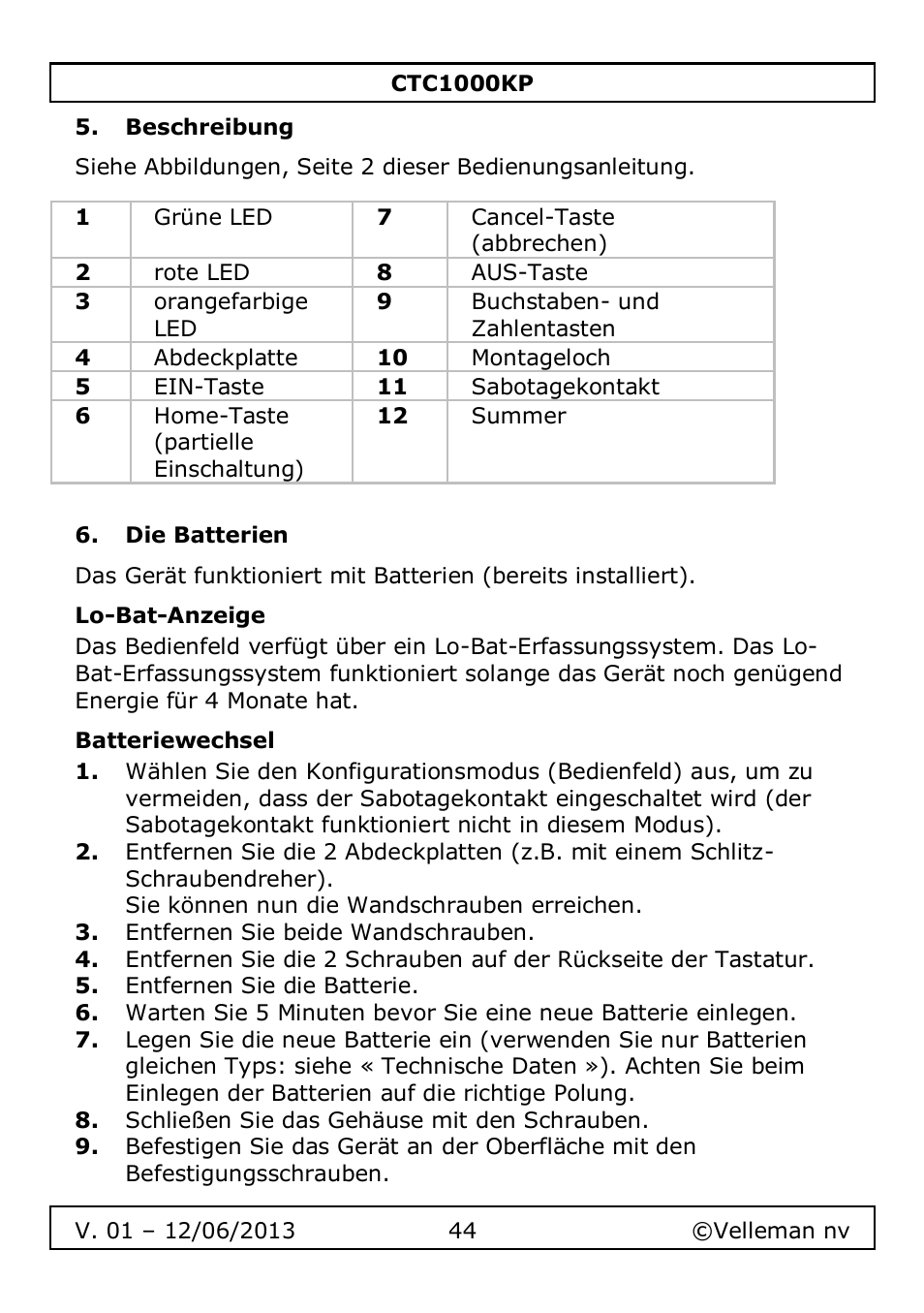 Beschreibung, Die batterien, Lo-bat-anzeige | Batteriewechsel | Velleman CTC1000KP User Manual | Page 44 / 69