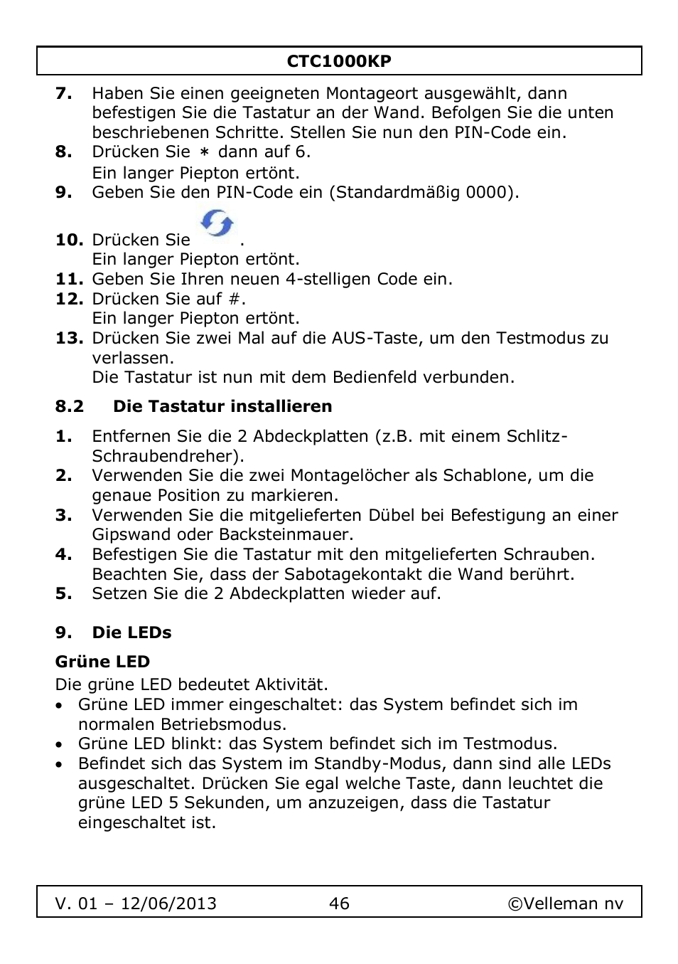 2 die tastatur installieren, Die leds, Grüne led | Velleman CTC1000KP User Manual | Page 46 / 69