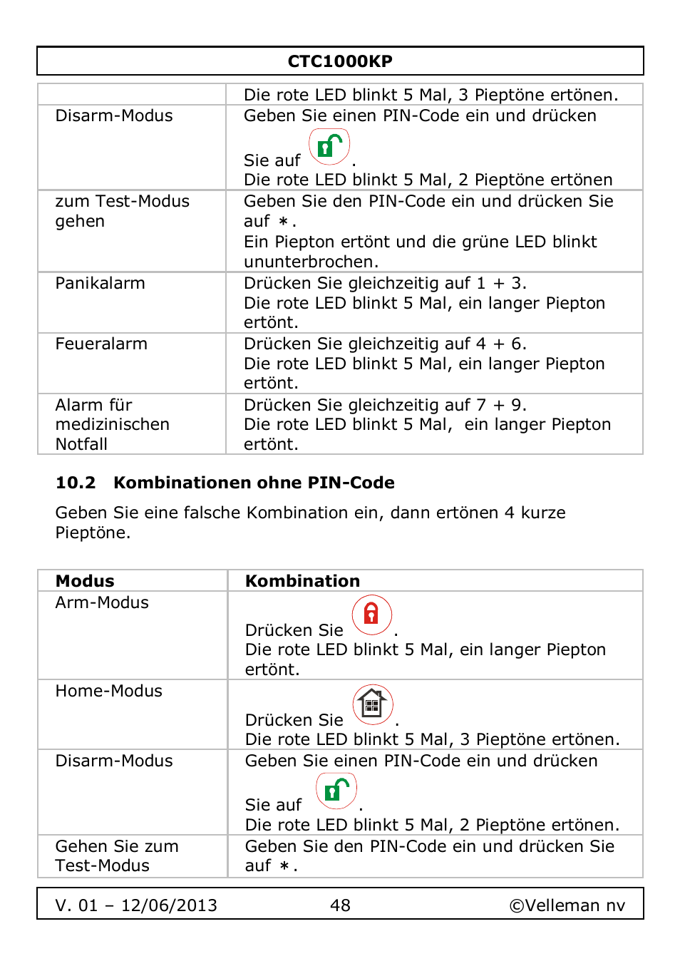 2 kombinationen ohne pin-code | Velleman CTC1000KP User Manual | Page 48 / 69