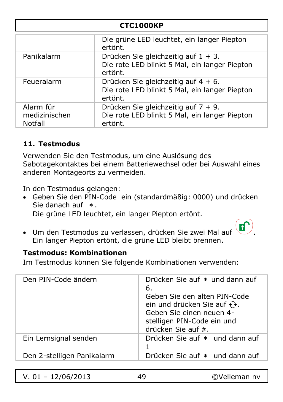 Testmodus, Testmodus: kombinationen | Velleman CTC1000KP User Manual | Page 49 / 69