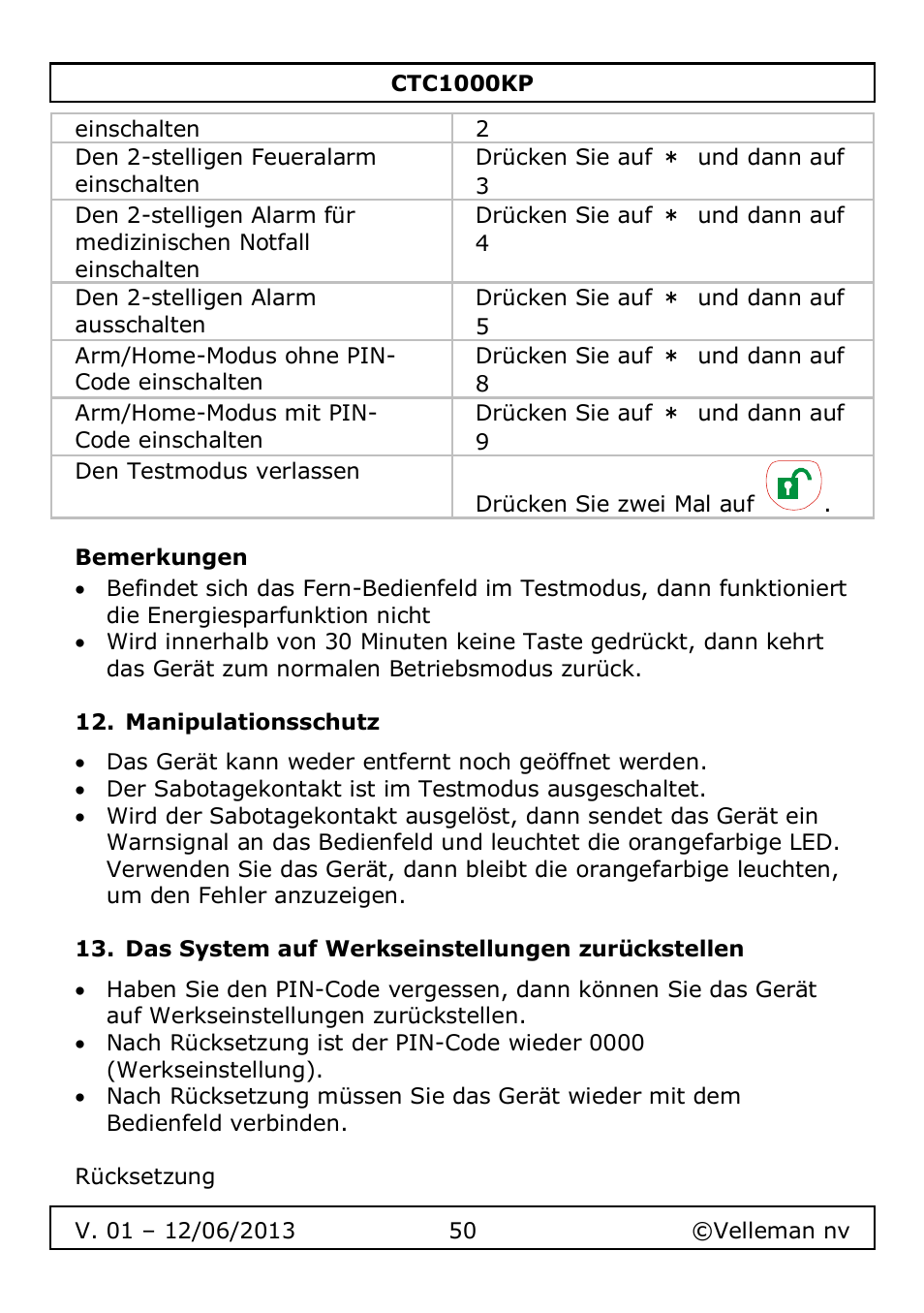 Bemerkungen, Manipulationsschutz, Das system auf werkseinstellungen zurückstellen | Velleman CTC1000KP User Manual | Page 50 / 69