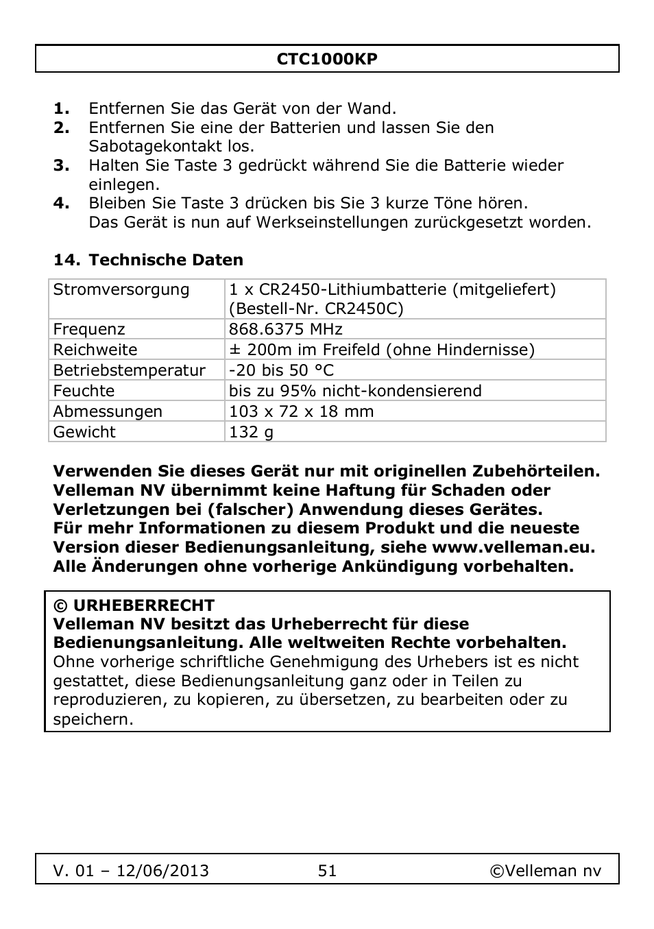 Technische daten | Velleman CTC1000KP User Manual | Page 51 / 69