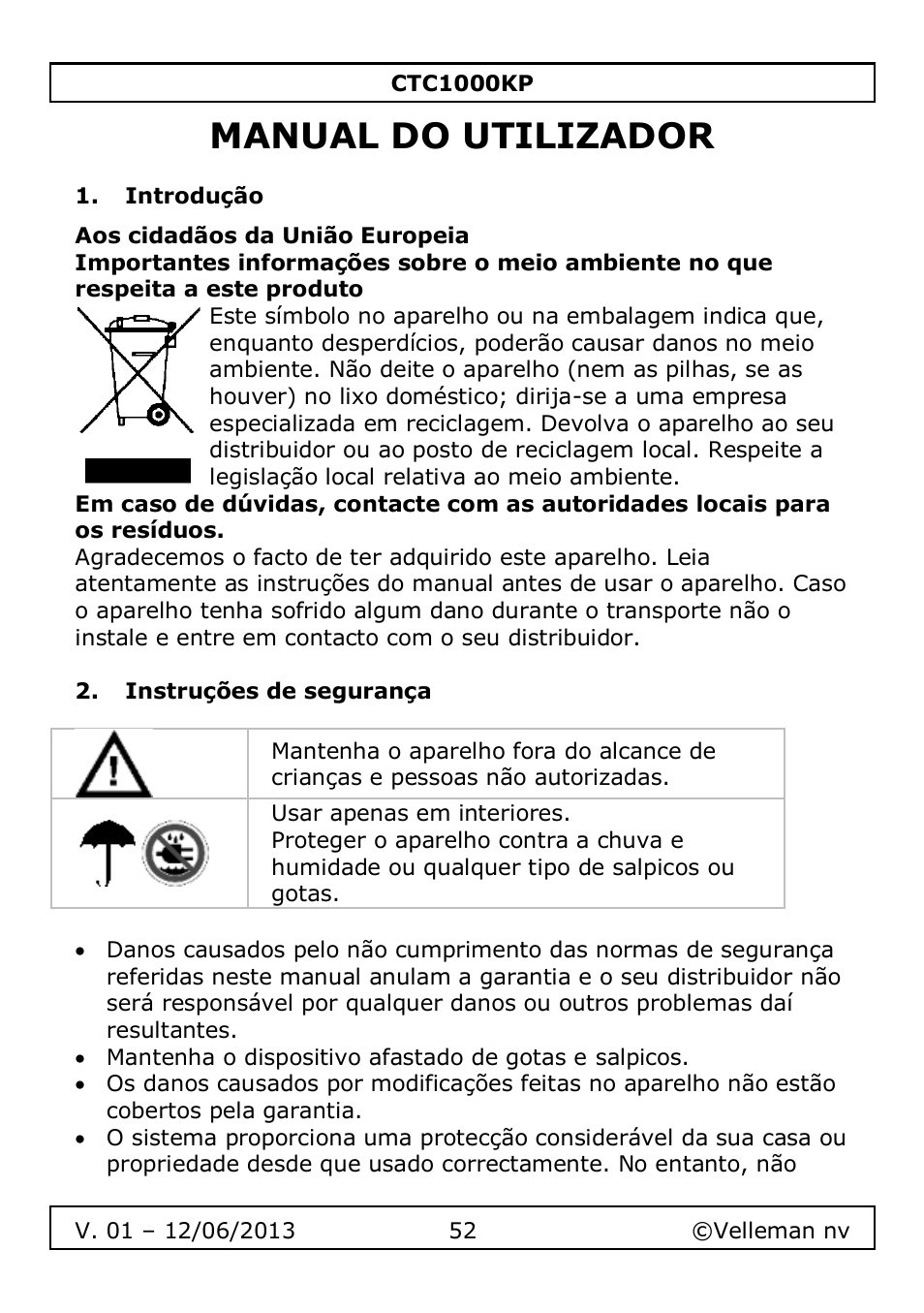 Manual do utilizador, Introdução, Instruções de segurança | Velleman CTC1000KP User Manual | Page 52 / 69