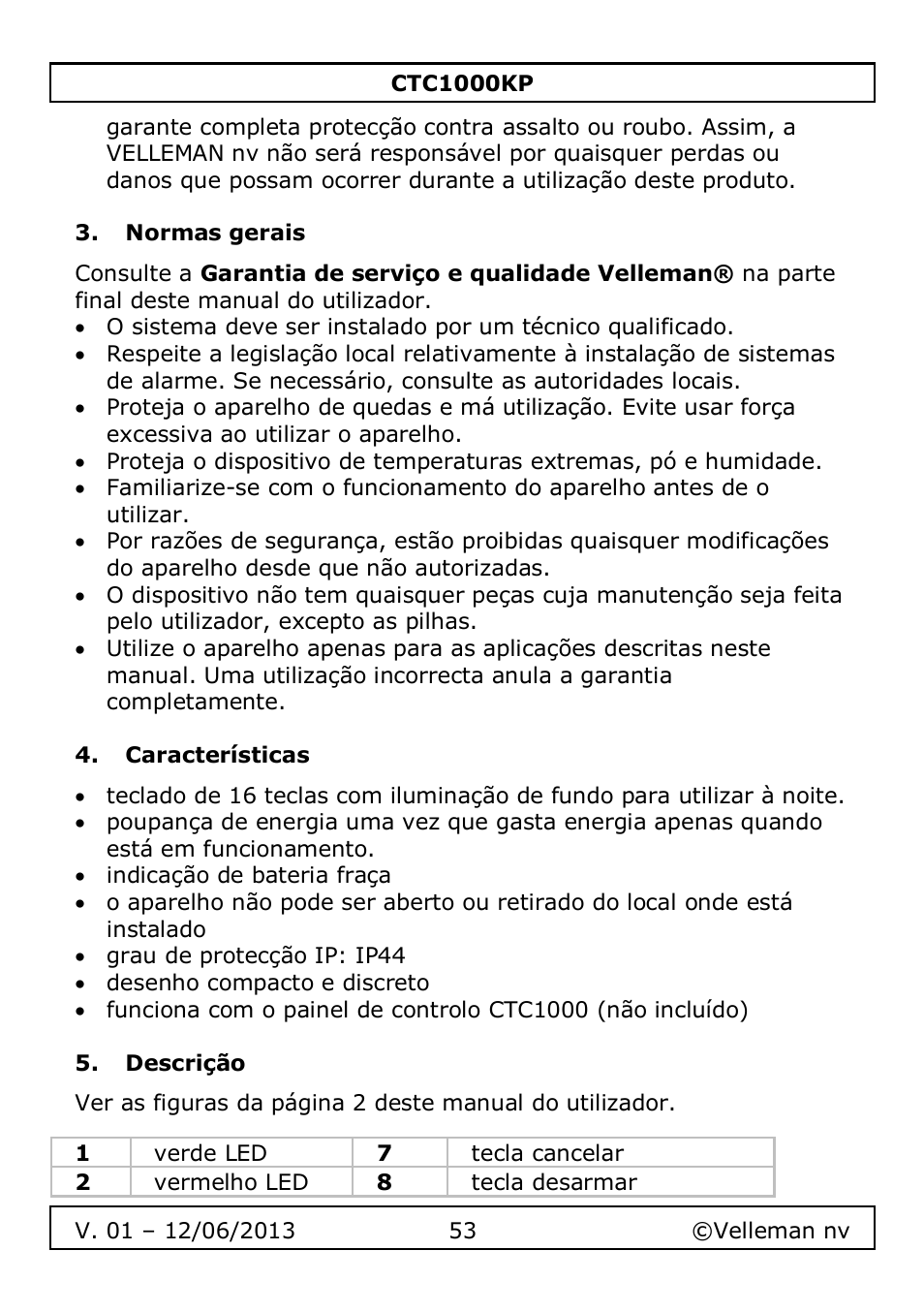 Normas gerais, Características, Descrição | Velleman CTC1000KP User Manual | Page 53 / 69