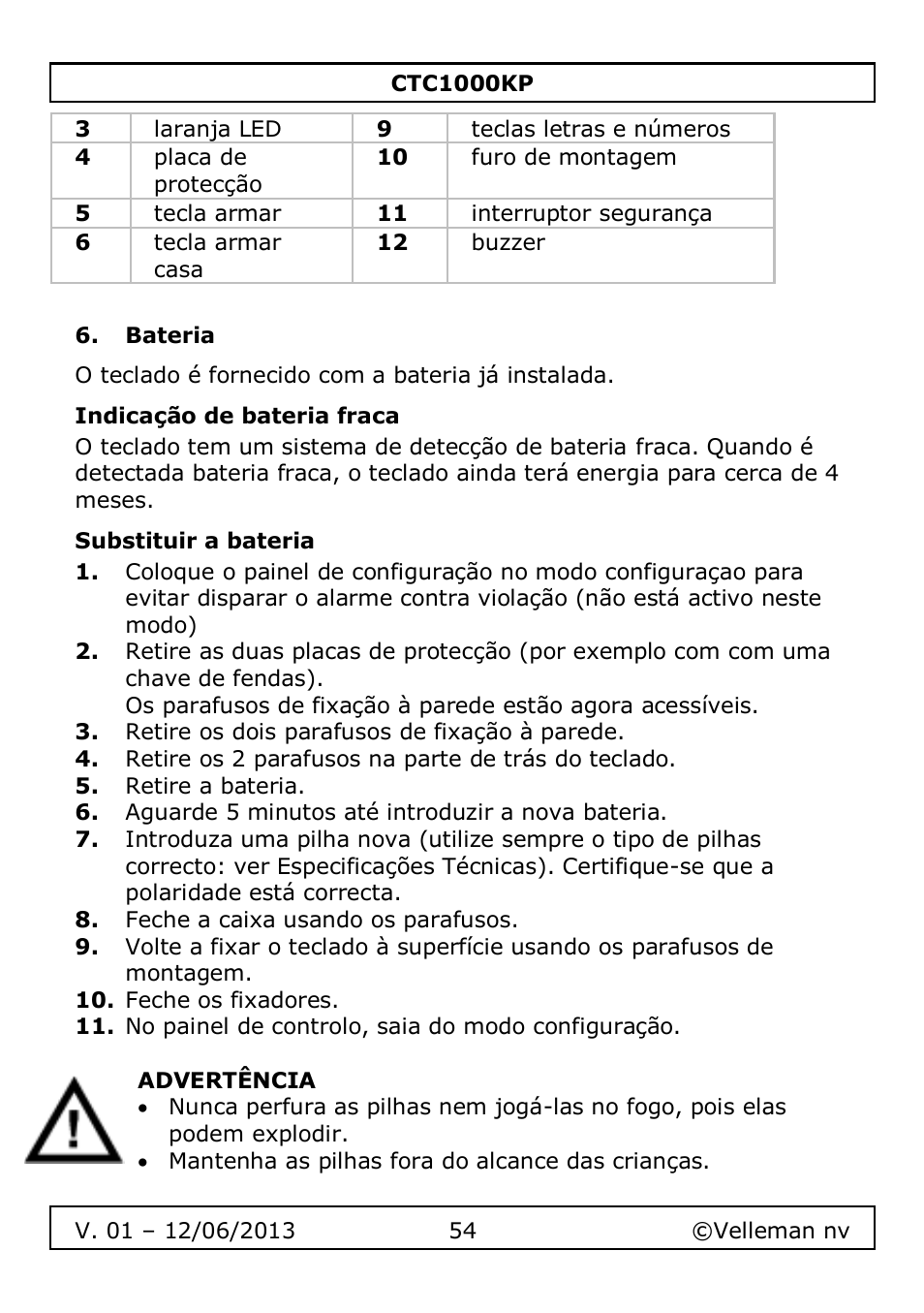 Bateria, Indicação de bateria fraca, Substituir a bateria | Velleman CTC1000KP User Manual | Page 54 / 69